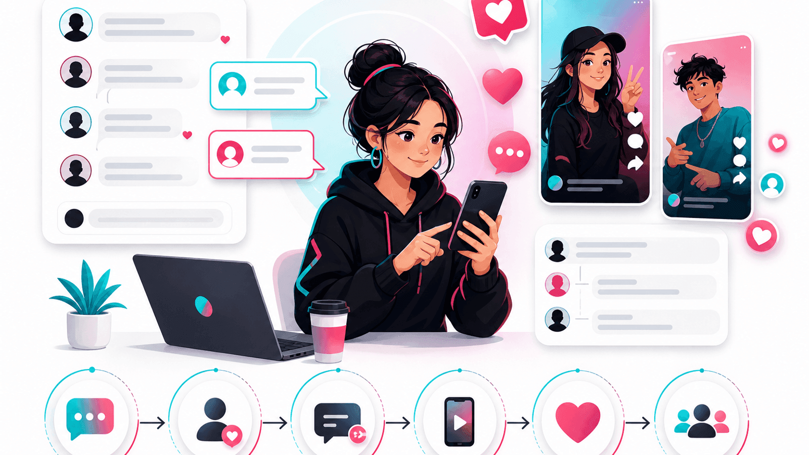 Illustration showing a TikTok creator responding to comments, answering questions and building an engaged community.