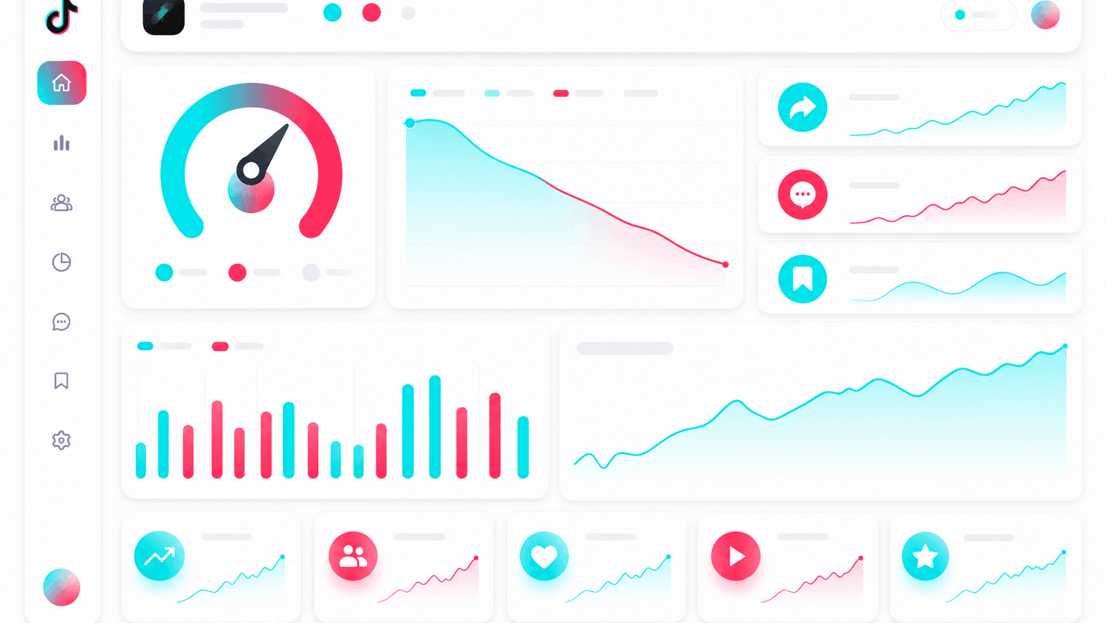 TikTok analytics dashboard displaying engagement rate, audience retention, shares, comments and long-term performance trends.