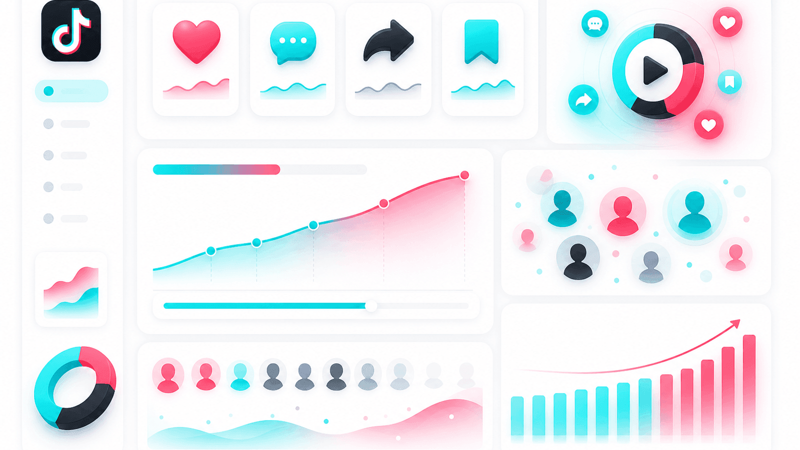 TikTok engagement dashboard displaying likes, comments, shares, saves, watch time and audience interaction metrics.