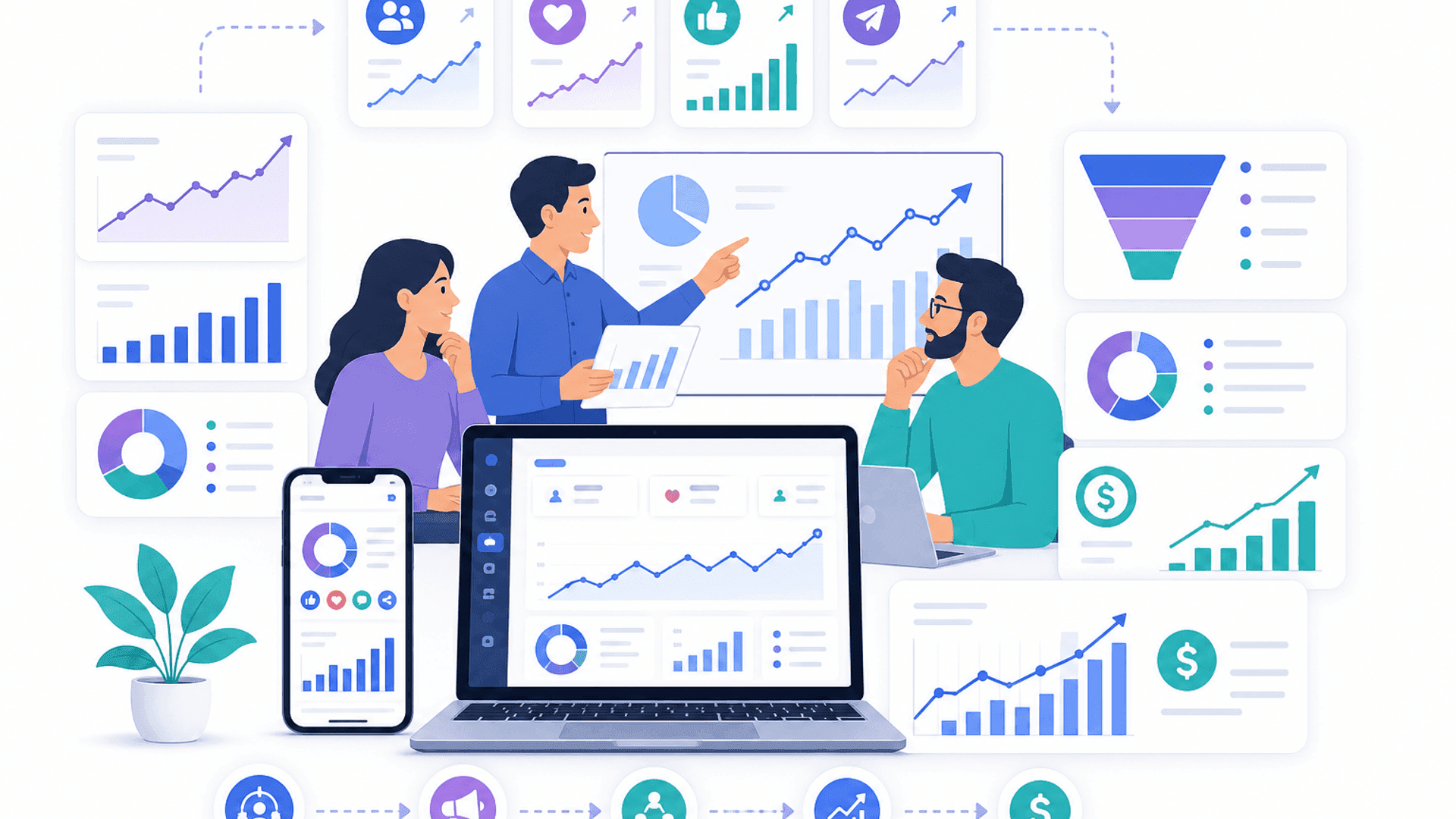 Illustration showing a business measuring social media success through analytics dashboards, engagement metrics, audience growth, website traffic, conversions and marketing performance.