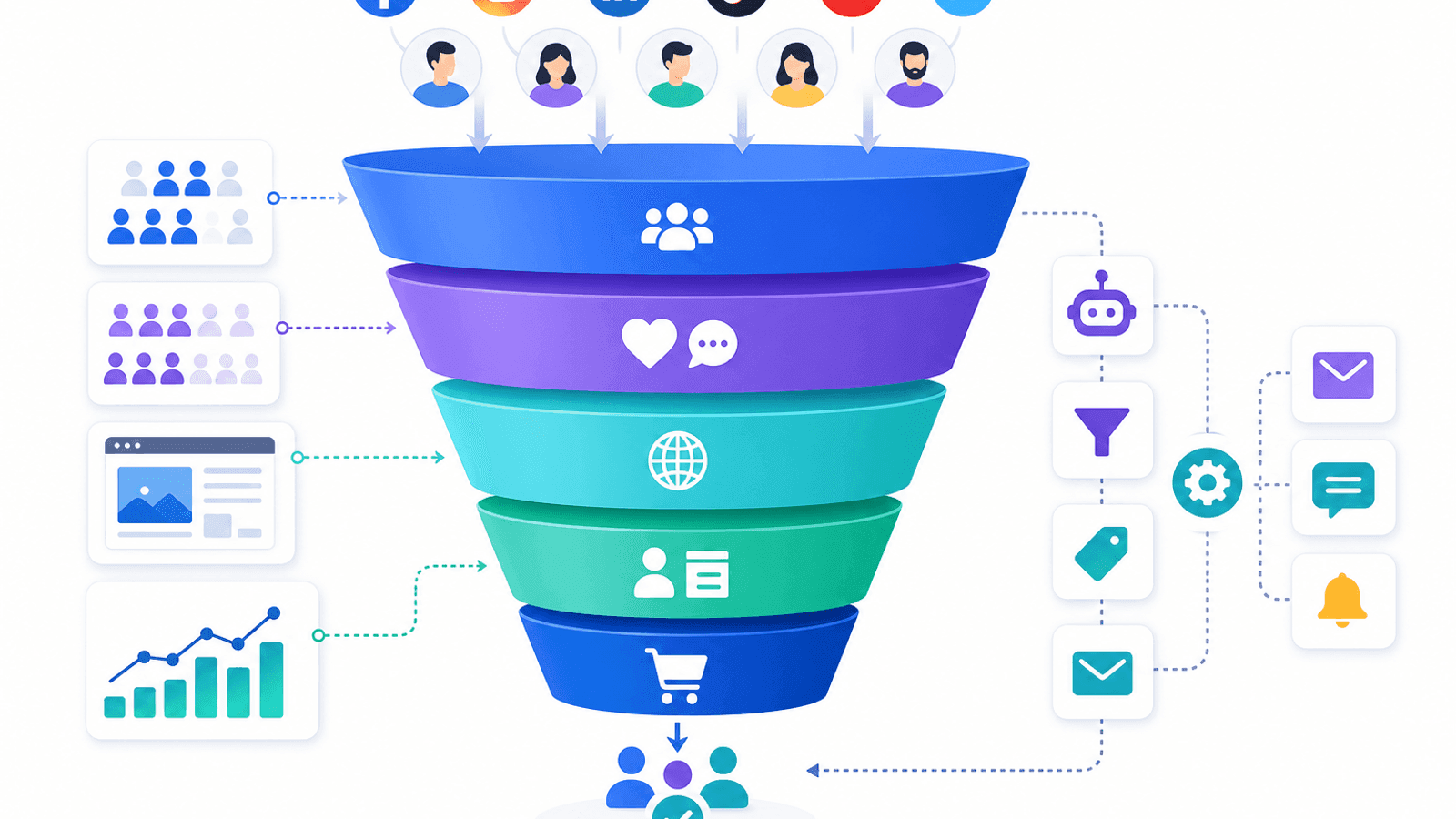 Illustration showing a social media conversion funnel from audience reach to engagement, website visits, lead generation and customer conversions.