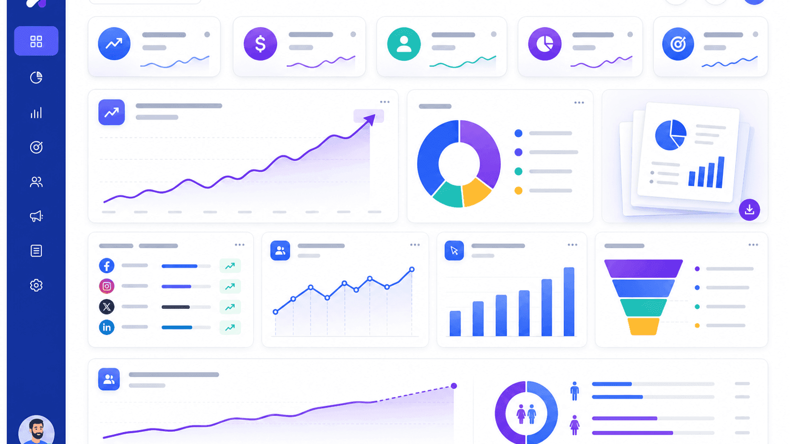 Business analytics dashboard displaying campaign ROI, audience growth, engagement trends, conversion rate, website traffic and overall marketing performance.