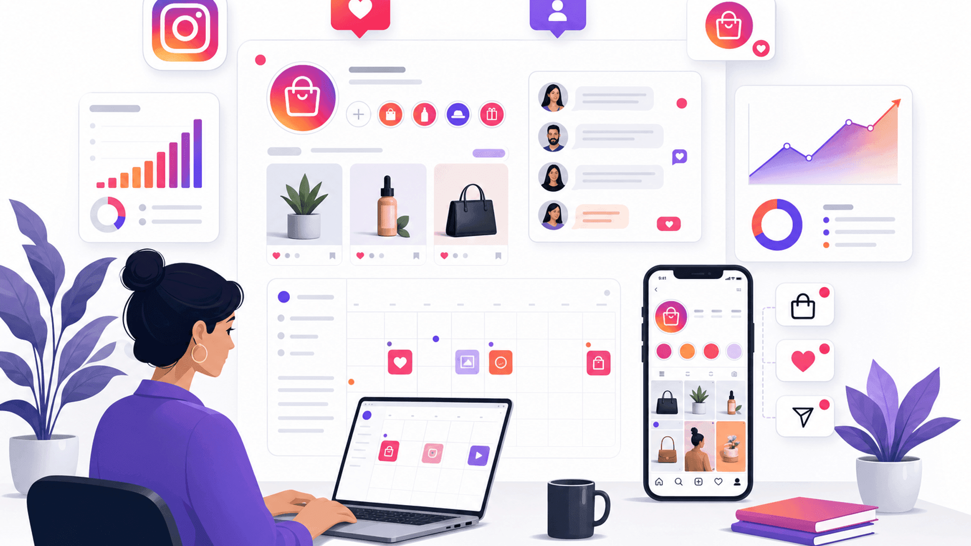 Illustration showing a business using Instagram with profile optimization, content planning, customer engagement and analytics dashboard.