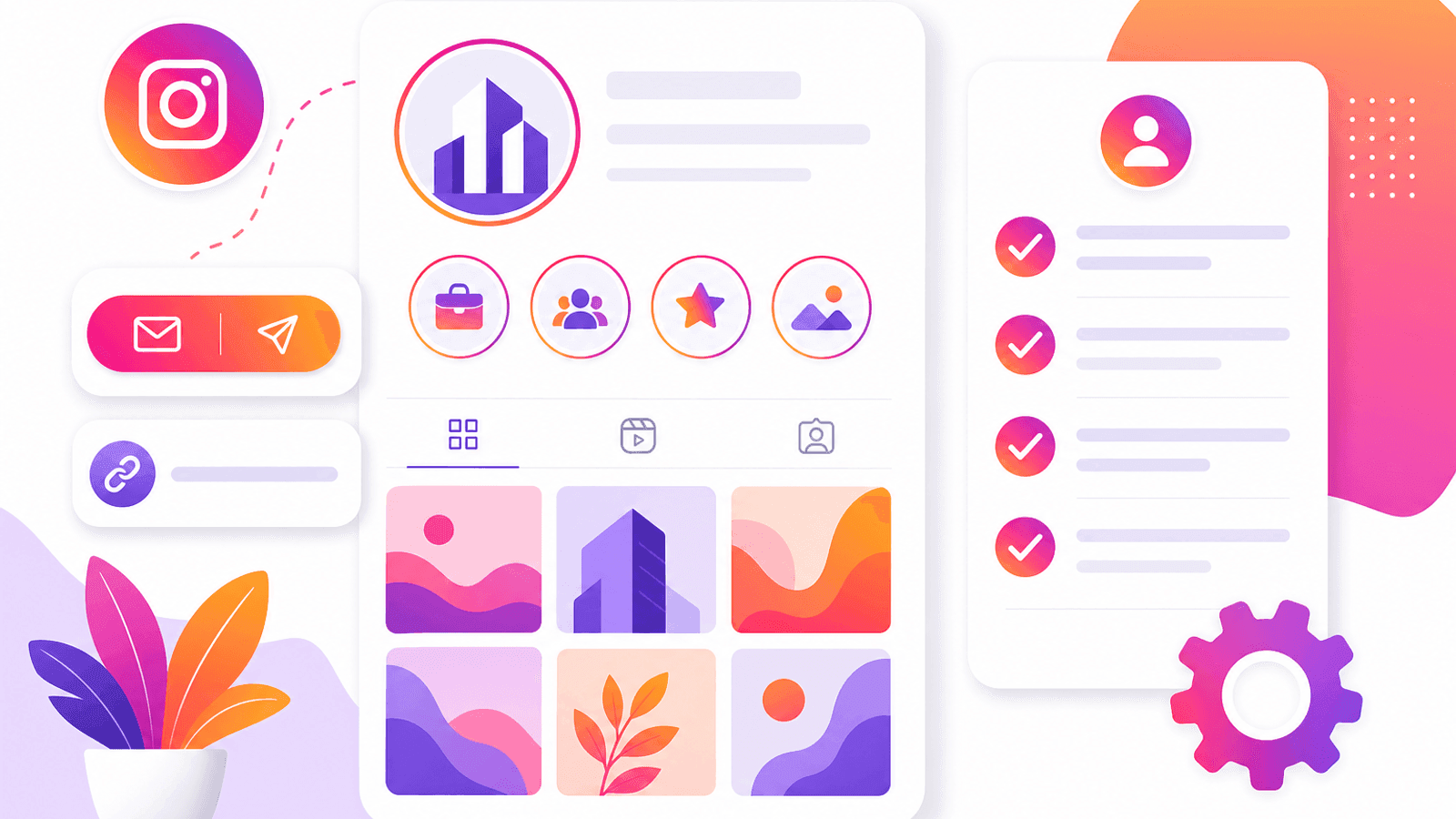 Instagram business profile setup illustration showing logo, bio, contact information, website link and story highlights.