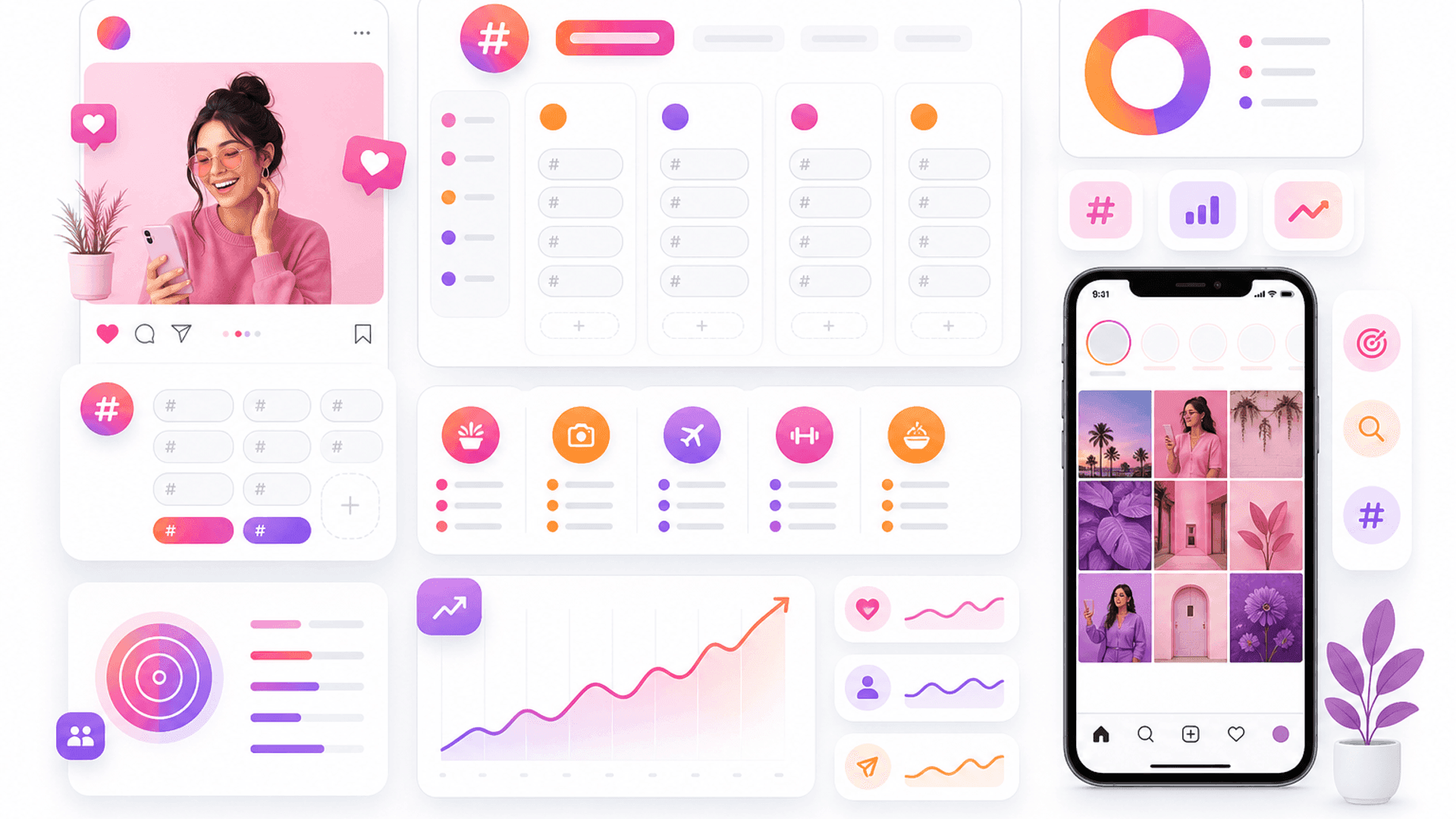 Illustration showing an Instagram hashtag strategy with content categorization, keyword organization and post discoverability analytics.