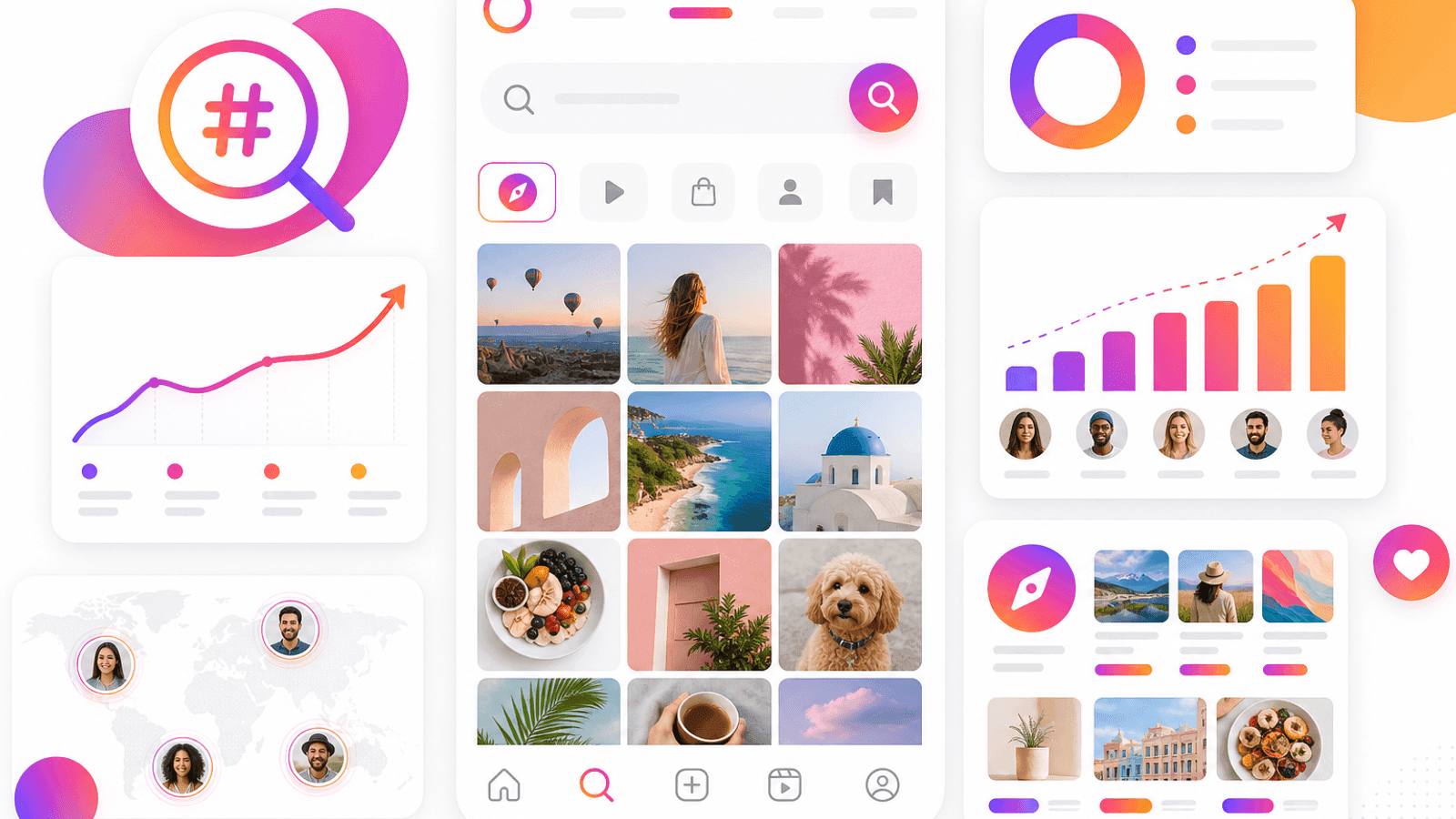 Instagram content discovery dashboard showing hashtags helping users discover posts through search and recommendations.