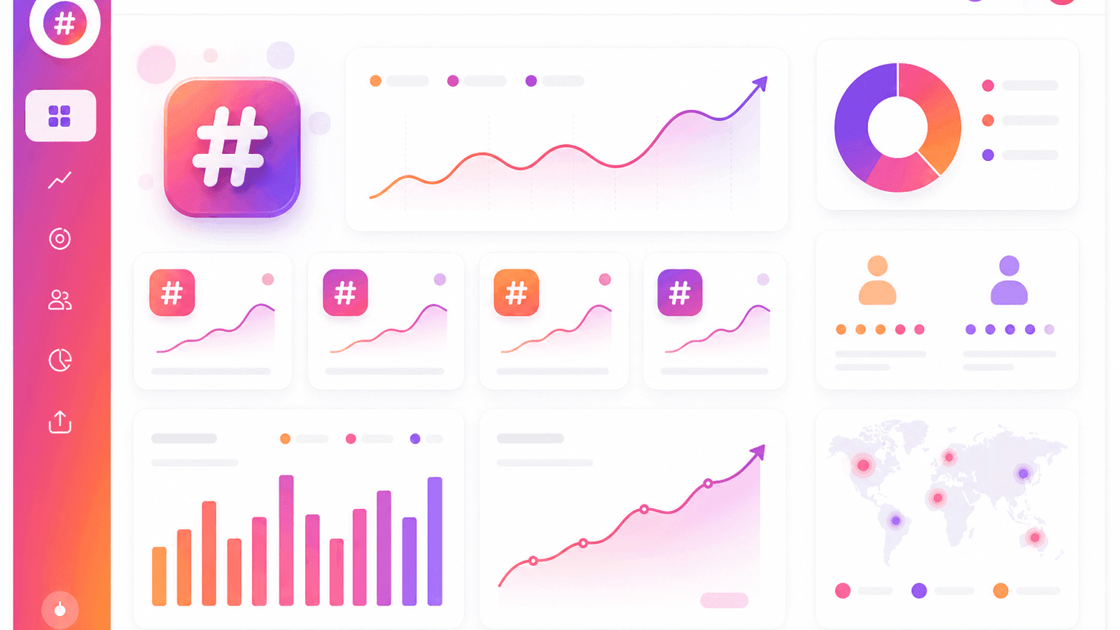 Instagram analytics dashboard displaying hashtag performance, reach, impressions and engagement metrics.
