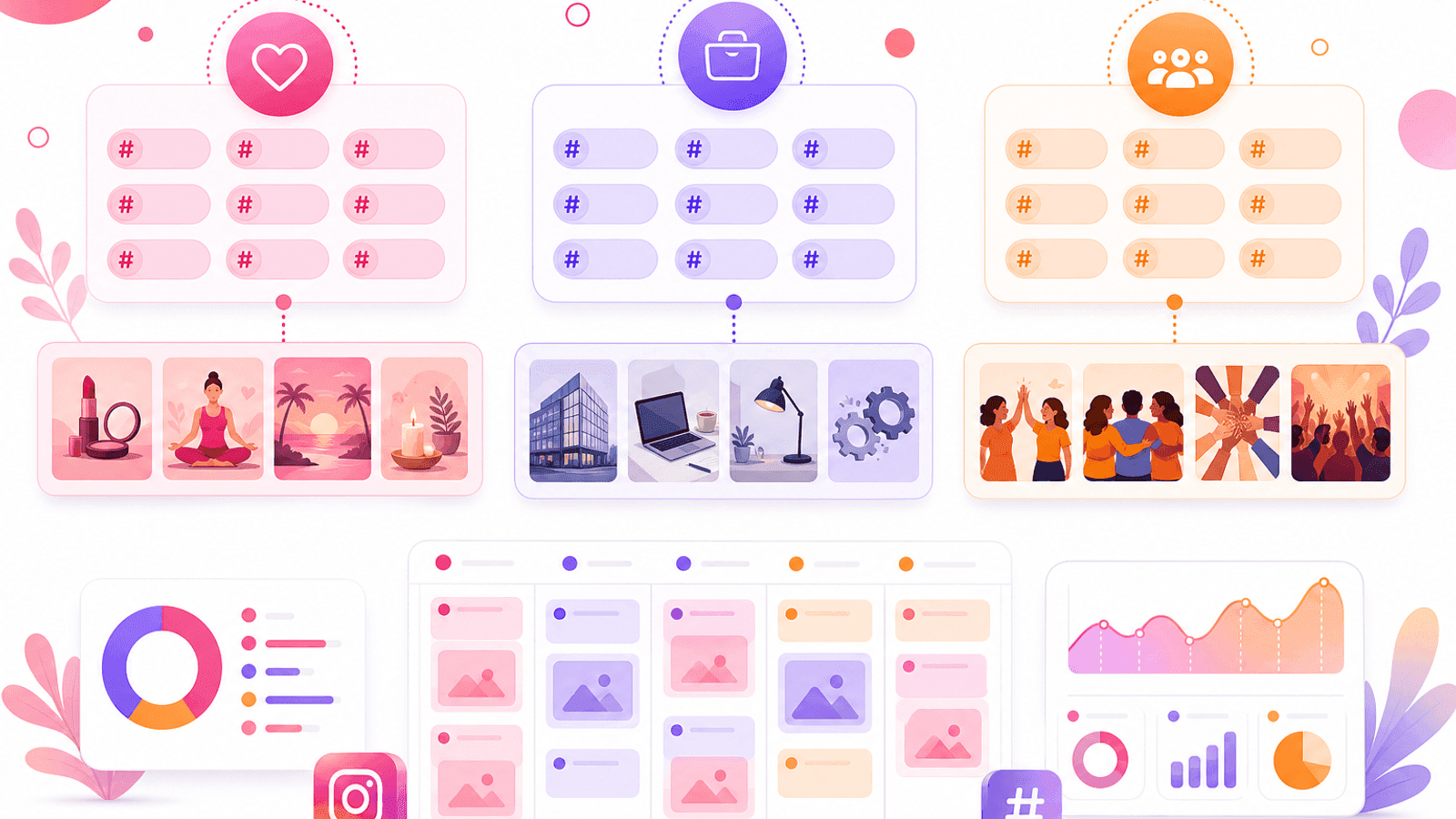 Instagram hashtag categories illustration showing niche hashtags, industry hashtags and community hashtags used to organize content.