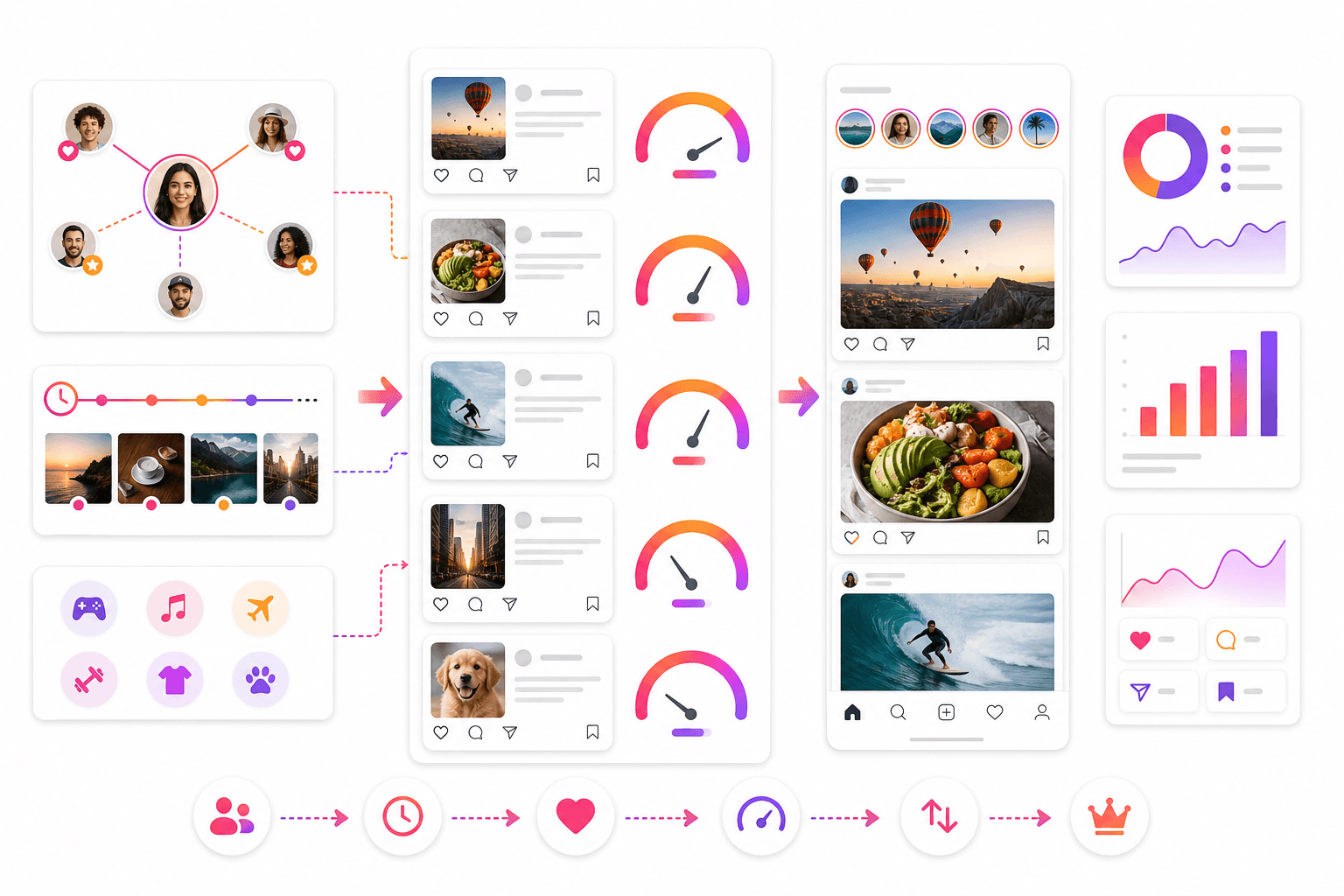 Instagram Feed ranking illustration showing engagement signals, user relationships and content freshness.
