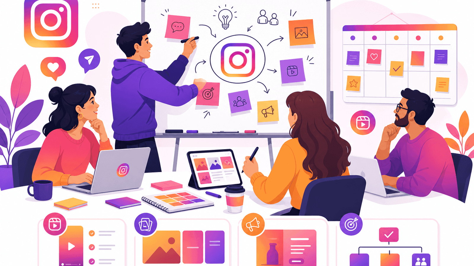 Instagram content brainstorming illustration showing a marketing team planning posts, campaigns, reels and monthly content ideas.