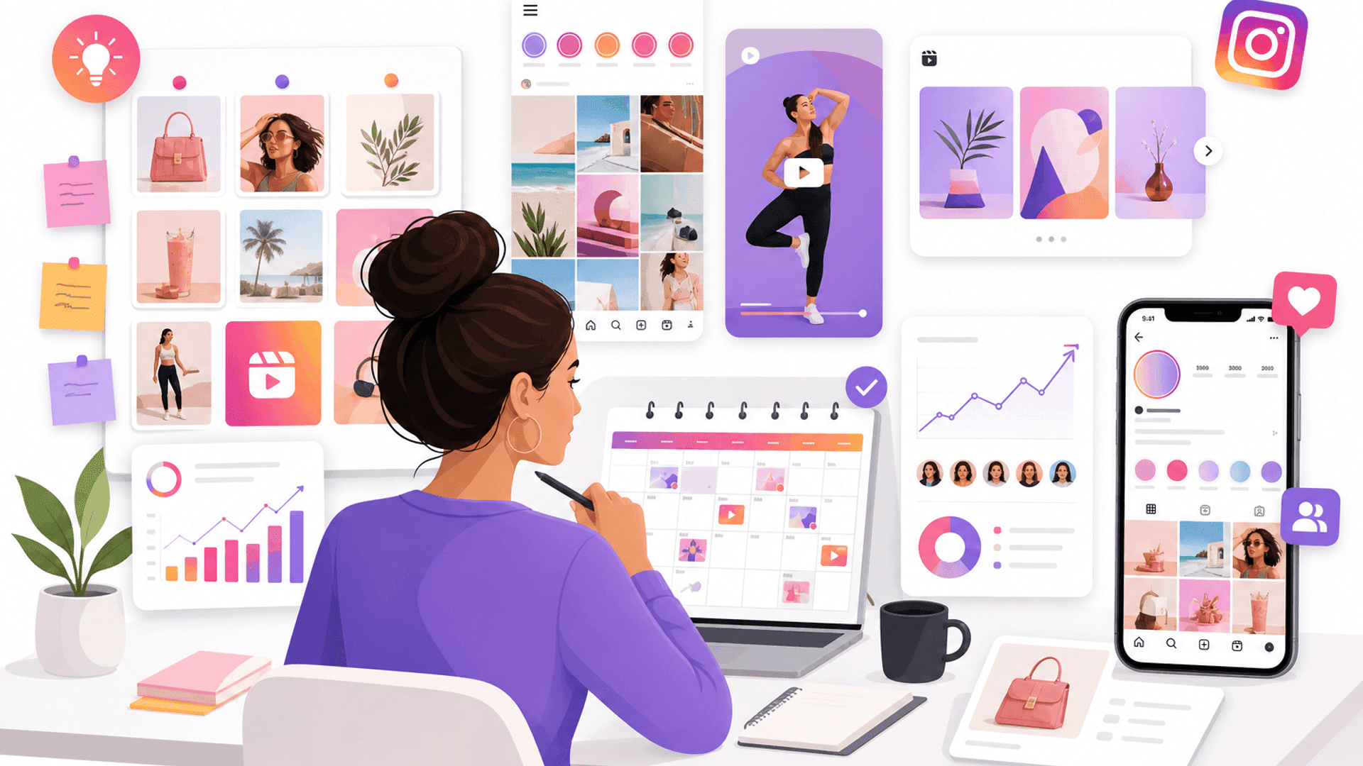Illustration showing creative Instagram content ideas for businesses with a content calendar, post planning, engagement strategy and marketing dashboard.