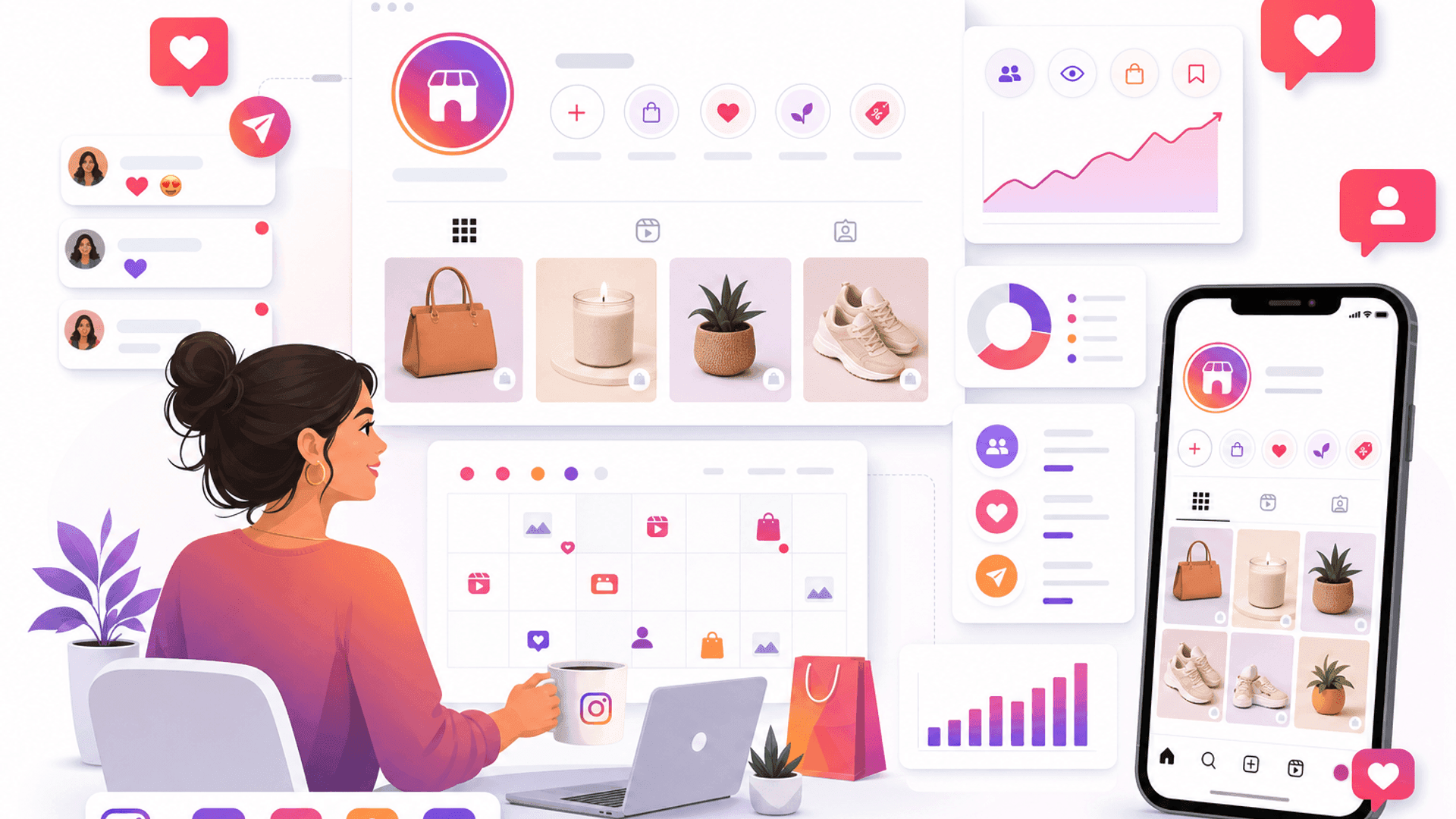 Illustration showing a small business using Instagram marketing with content planning, customer engagement and business analytics dashboard.