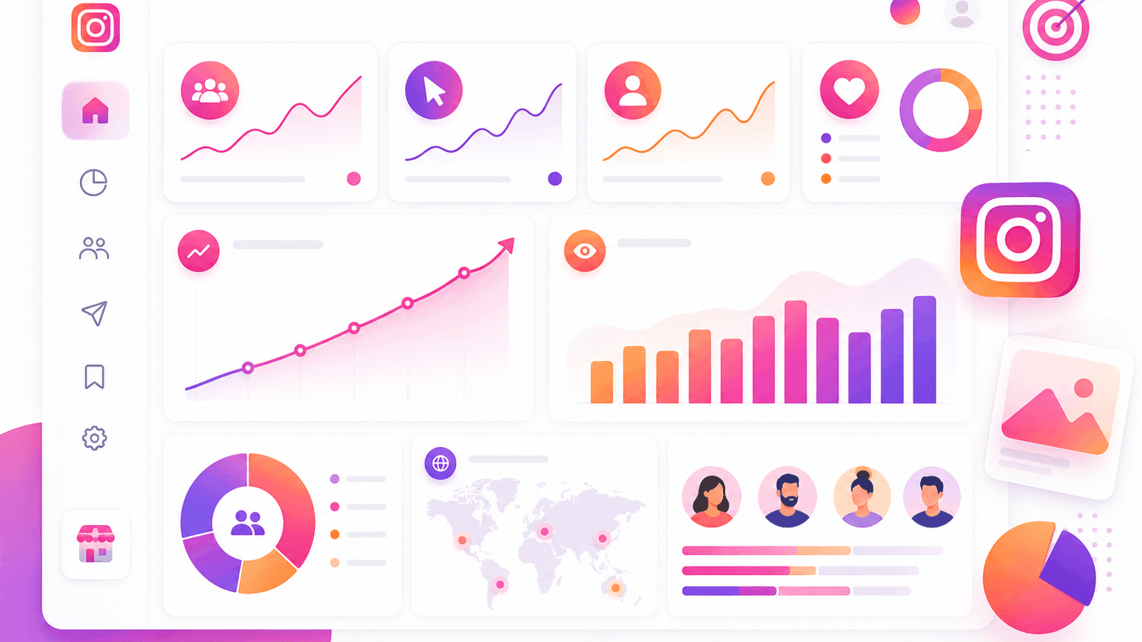 Instagram analytics dashboard showing audience growth, website clicks, engagement, profile visits and marketing performance for a small business.
