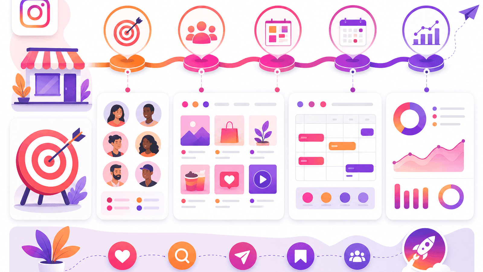 Instagram strategy illustration for a small business showing marketing goals, audience planning and content organization.