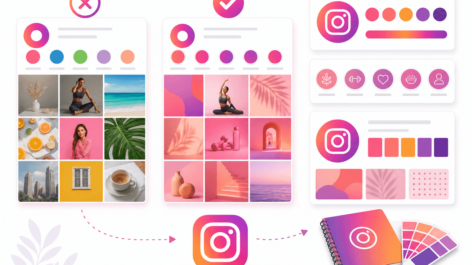 Illustration showing inconsistent Instagram branding compared with a professional and visually consistent business profile.