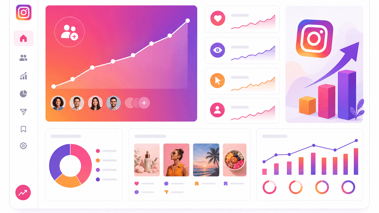 Instagram business improvement dashboard displaying engagement trends, audience growth, content performance and marketing analytics.