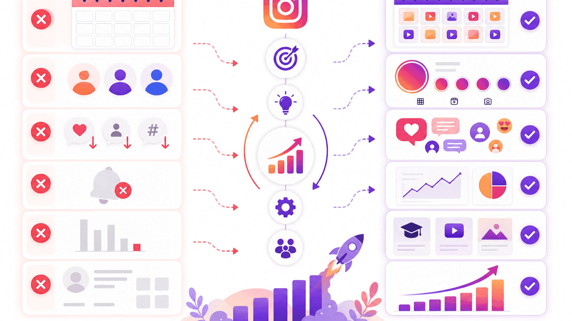 Illustration showing common Instagram marketing mistakes alongside best practices including content strategy, branding, engagement and analytics for businesses.