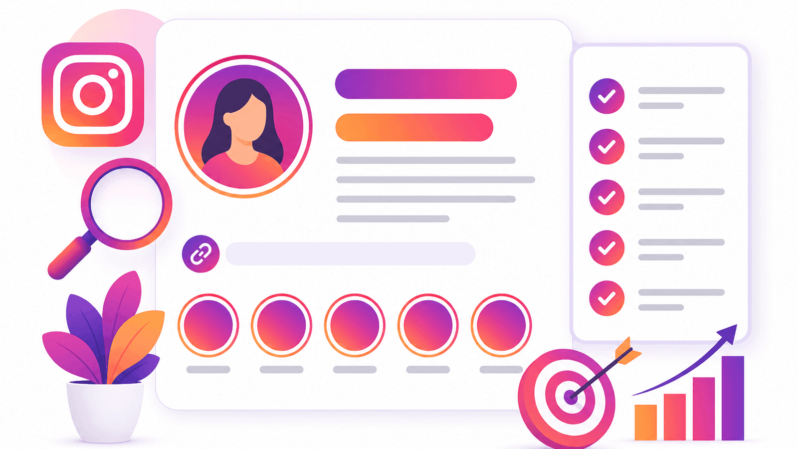 Instagram profile SEO illustration showing optimized username, display name, bio, profile photo and website link.