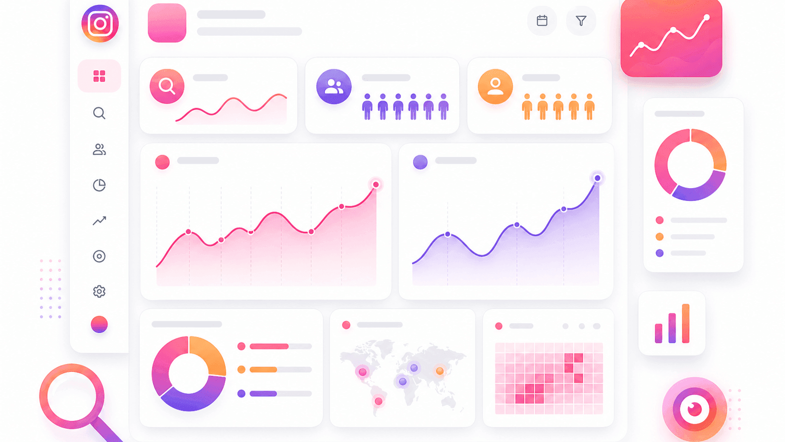 Instagram search analytics dashboard displaying profile visits, search impressions, reach and engagement metrics.