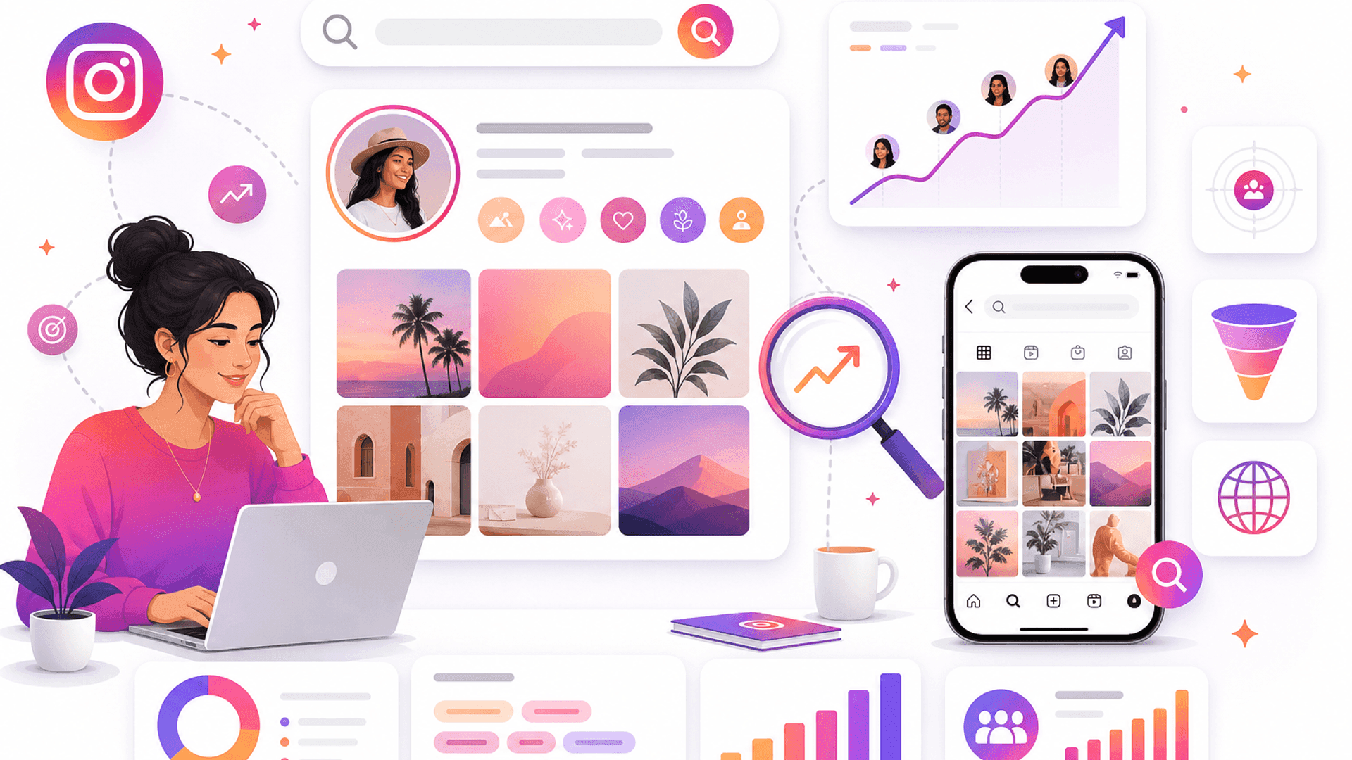 Illustration showing Instagram SEO with profile optimization, keyword strategy, search visibility and content discovery analytics.