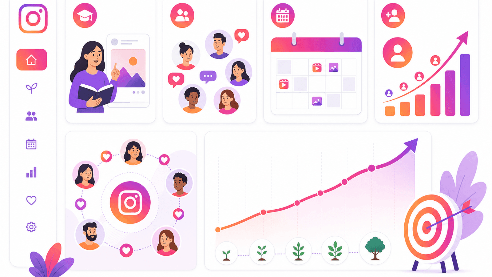 Organic Instagram growth strategy illustration showing valuable content, audience engagement, profile optimization and long-term community building.