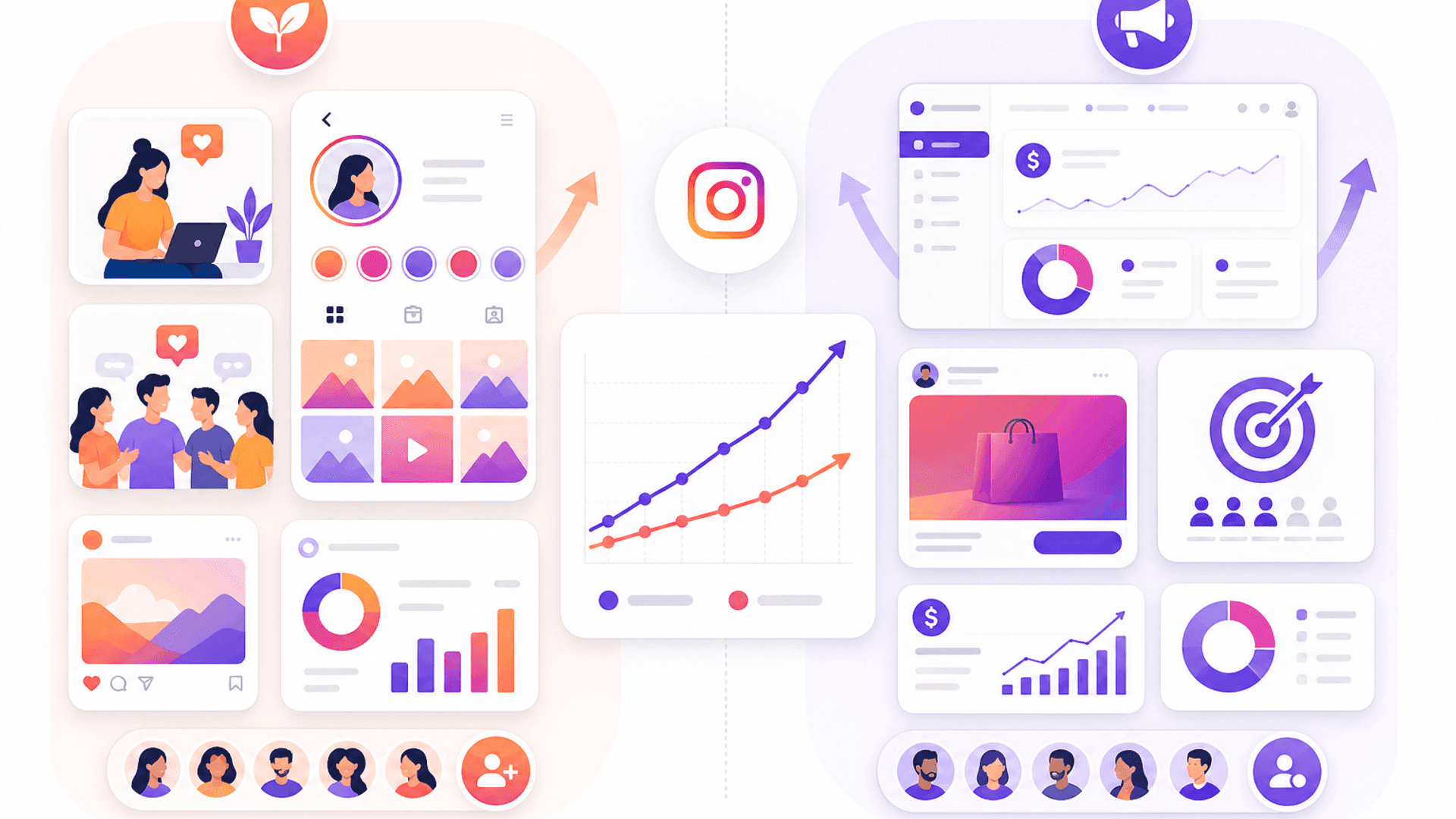 Illustration comparing organic and paid Instagram growth strategies with content marketing, advertising dashboard and audience growth analytics.