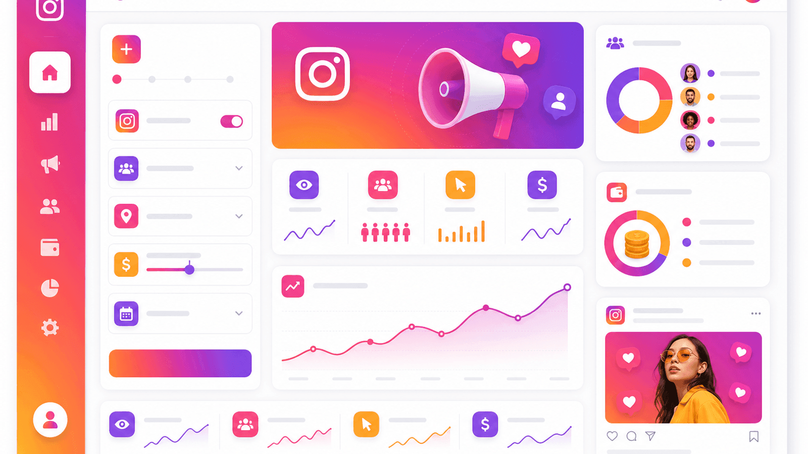 Instagram paid marketing dashboard displaying advertising campaigns, audience targeting, campaign budget and performance metrics.