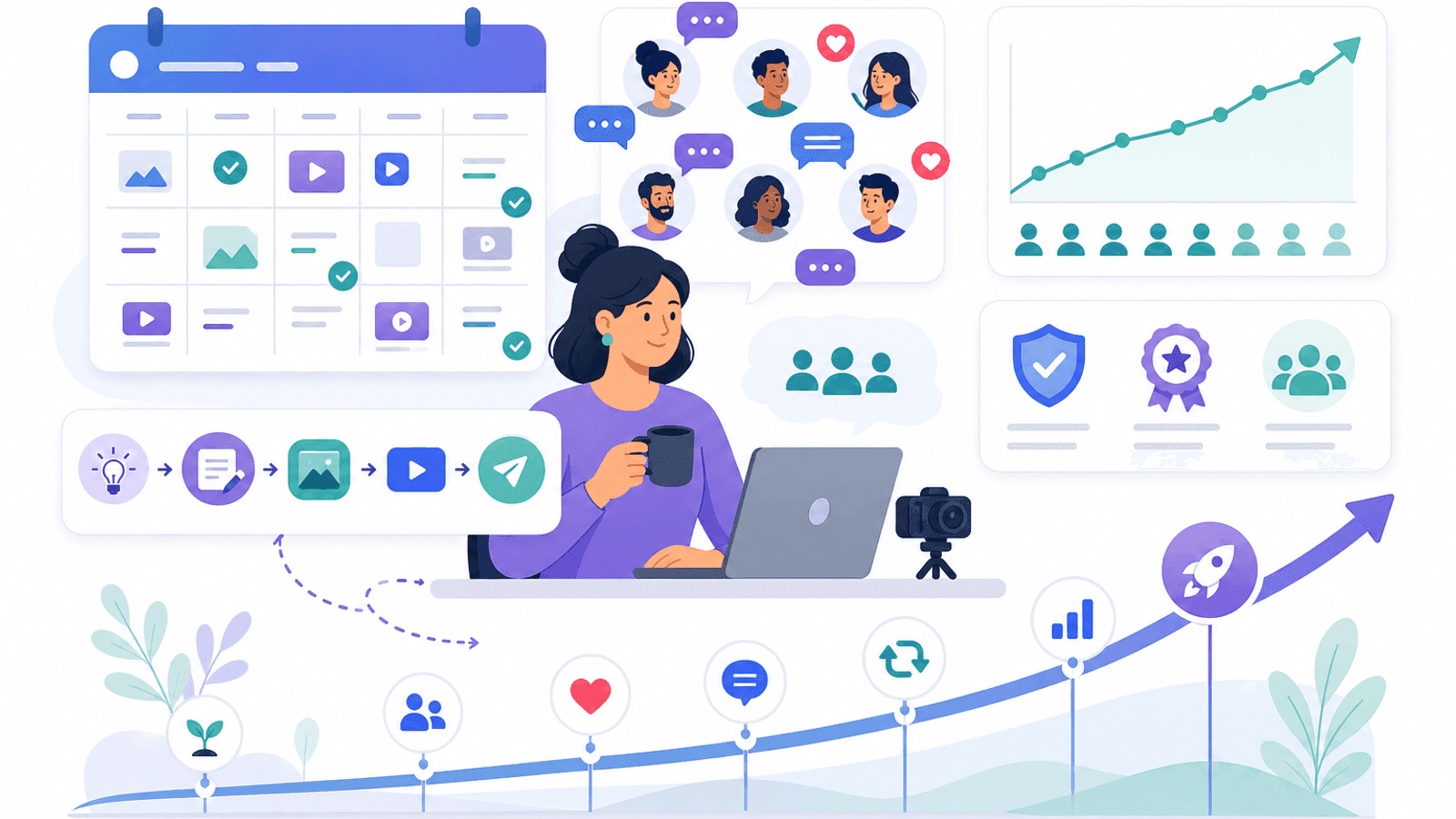 Illustration showing organic social media growth through consistent content creation, audience engagement, community building and long-term brand trust.