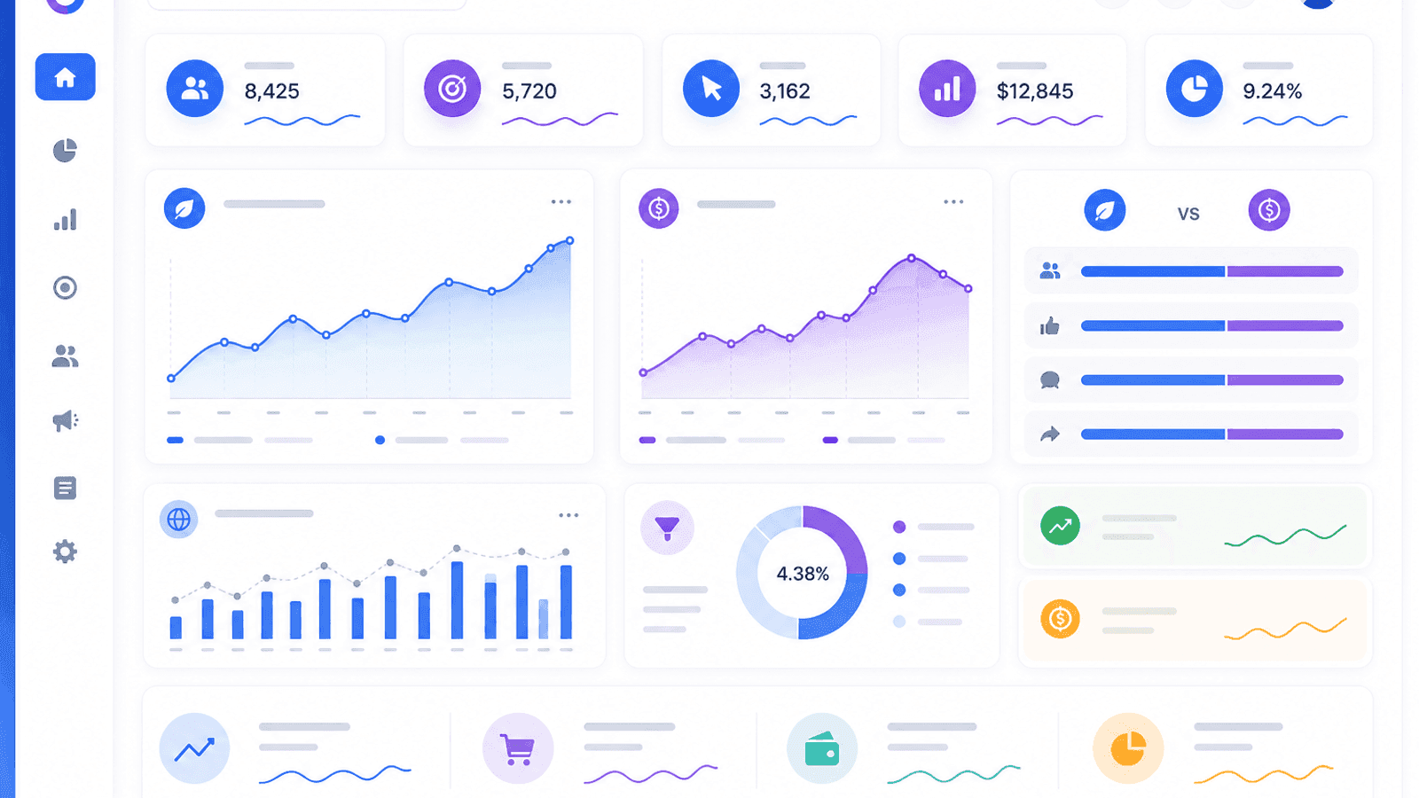 Business analytics dashboard comparing organic reach, paid reach, engagement, website traffic, conversions and overall marketing performance.