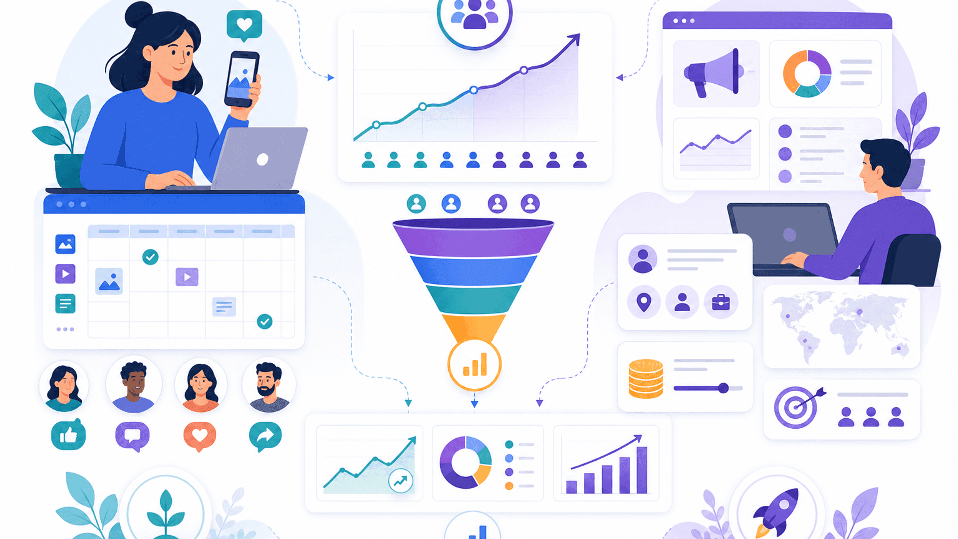Illustration comparing organic and paid social media growth strategies with content creation, advertising campaigns, audience engagement, analytics and long-term business growth.