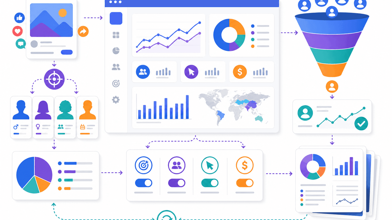 Illustration showing paid social media advertising with audience targeting, campaign management, advertising budget, lead generation and marketing optimization.