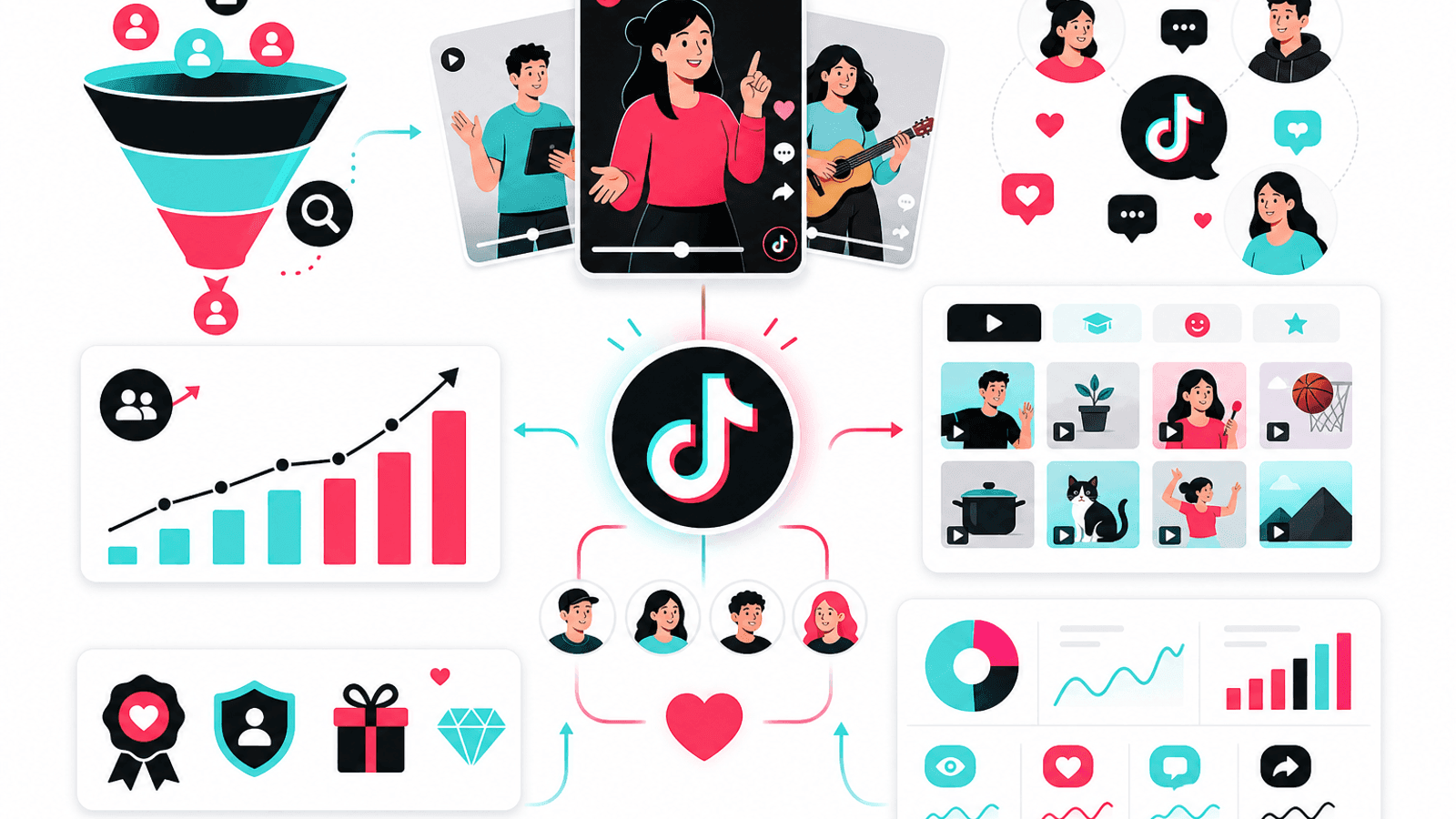 Illustration showing an organic TikTok growth strategy using educational content, audience engagement, search visibility and long-term community building.