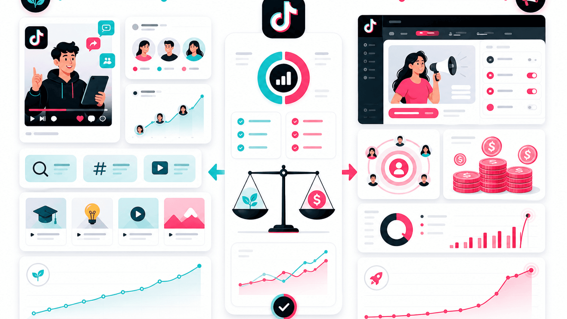 Illustration comparing organic and paid TikTok growth strategies with educational content, advertising campaigns, audience growth and marketing analytics.