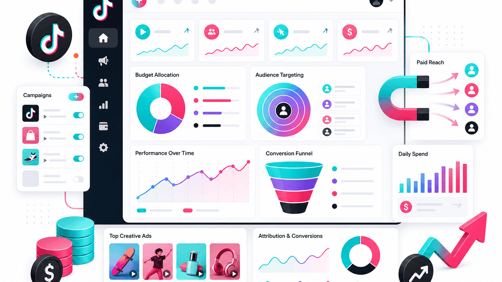 Illustration showing a TikTok paid marketing dashboard with advertising campaigns, audience targeting, campaign budget and performance metrics.