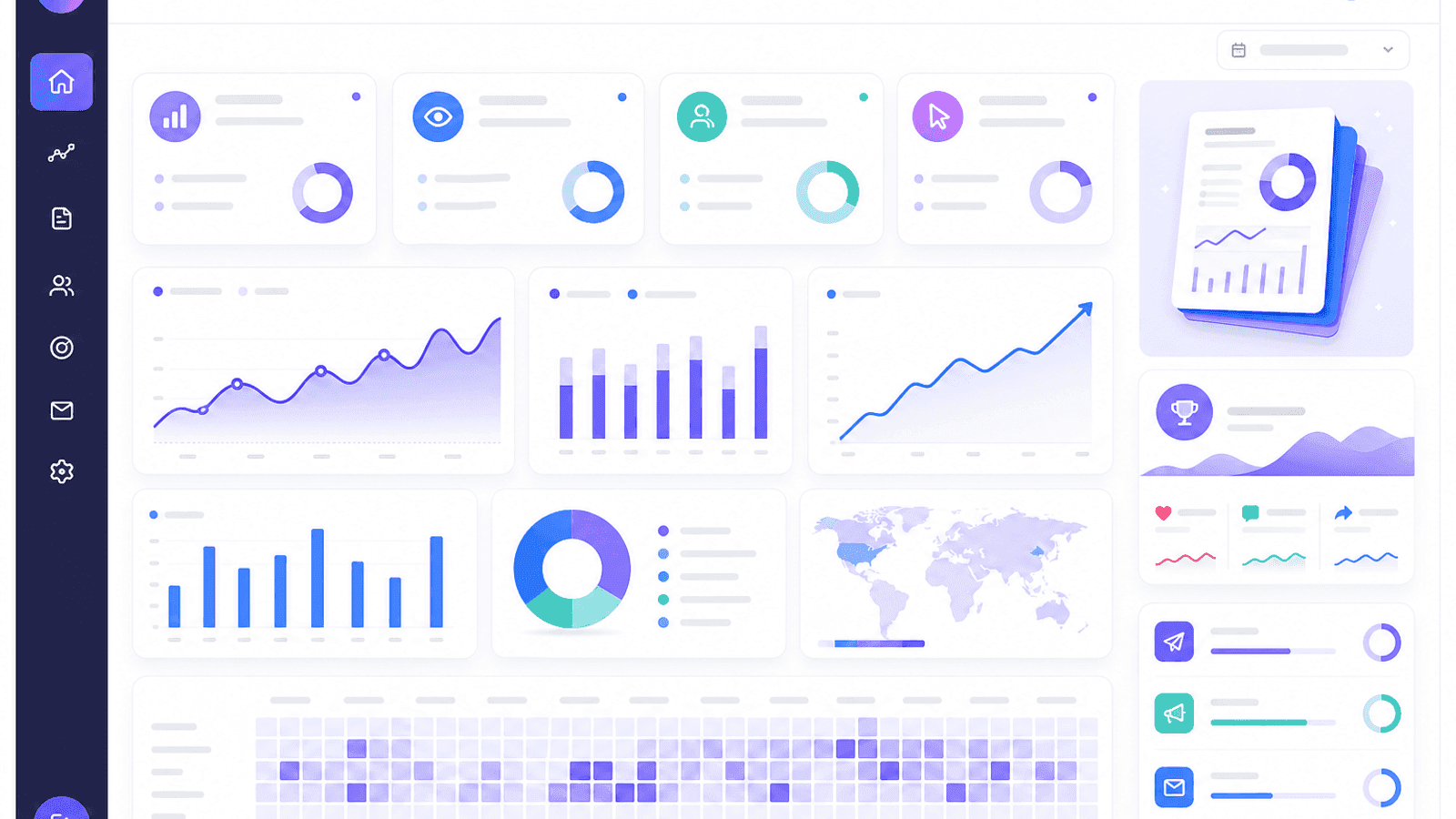 Business analytics dashboard displaying content performance, engagement rate, publishing consistency, audience growth, website traffic and campaign results.