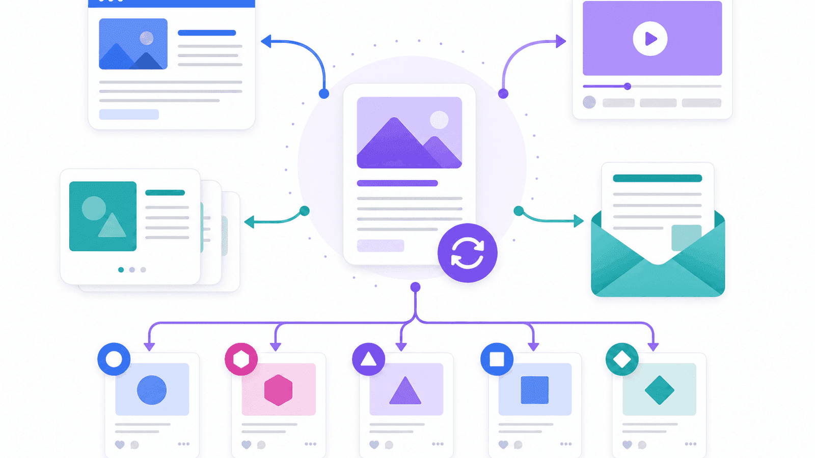 Illustration showing content repurposing from one piece of content into blog posts, short videos, carousels, newsletters and multiple social media formats.
