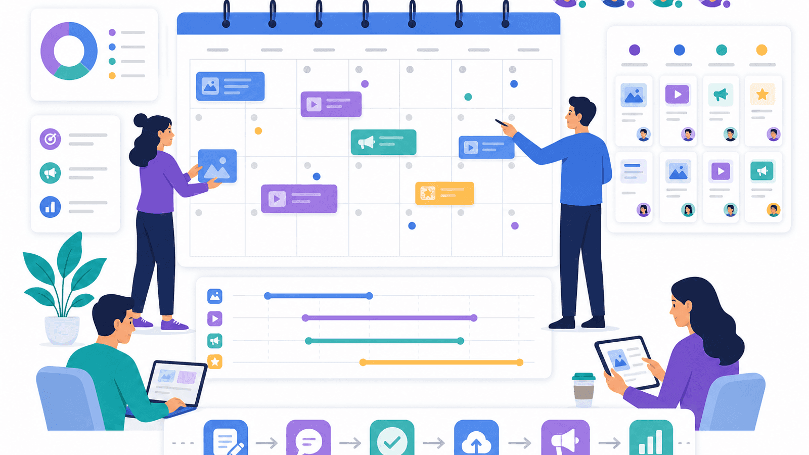 Illustration showing a monthly social media content calendar with scheduled posts, campaign planning, publishing dates and organized marketing workflow.