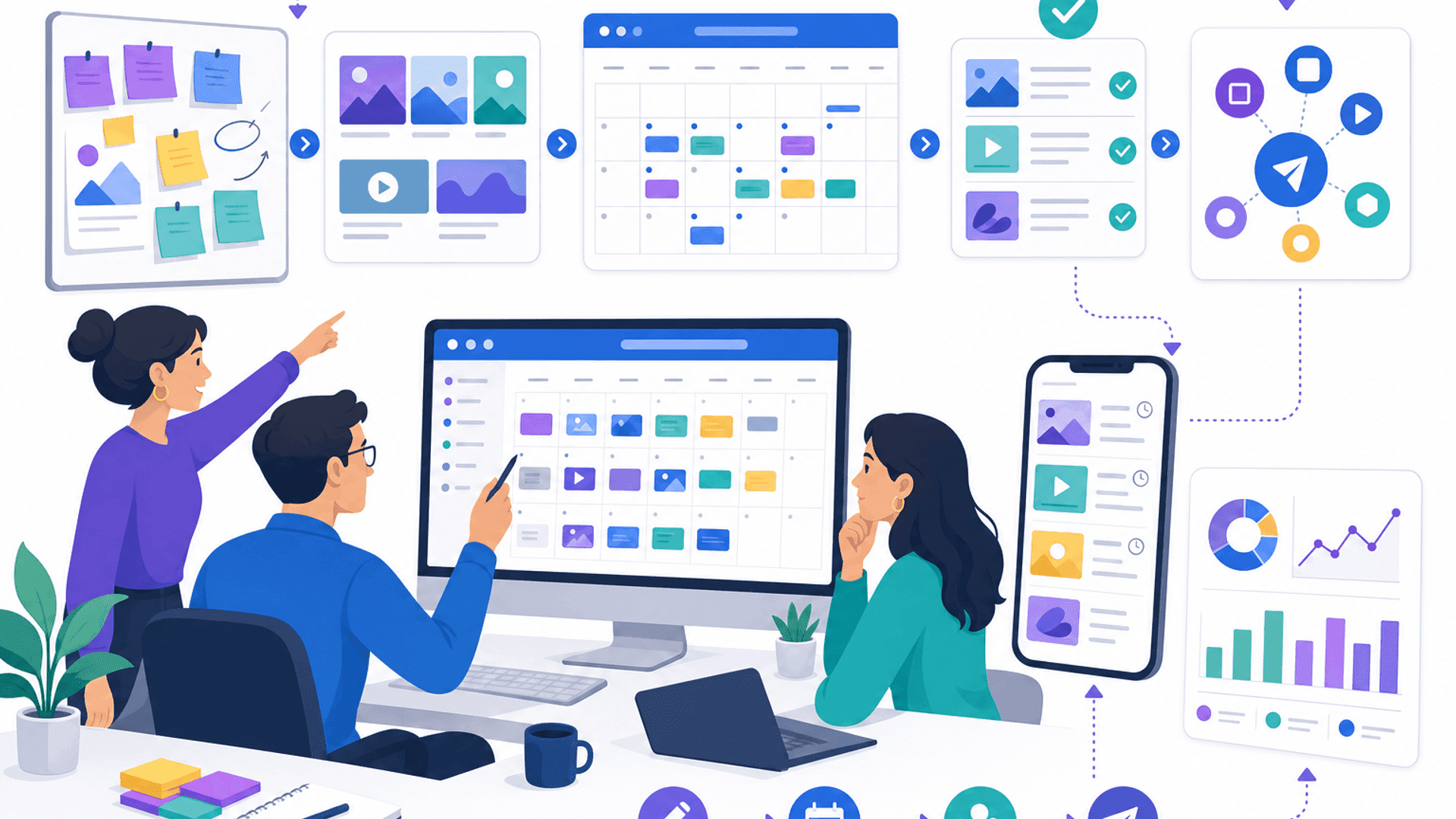Illustration showing a monthly social media content calendar with content planning, scheduling, creative workflow, multi-platform publishing and team collaboration.