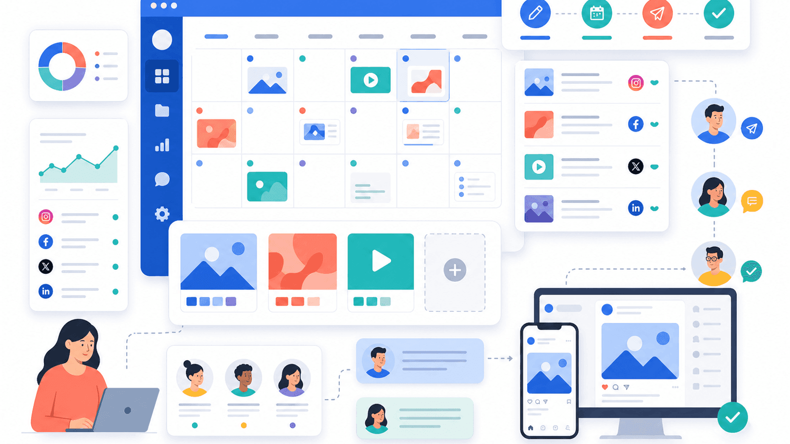 Illustration showing social media content planning with a monthly content calendar, scheduling workflow, creative assets and multi-platform publishing.