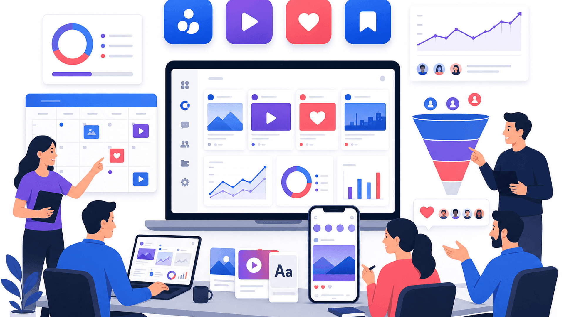 Illustration showing a complete social media marketing strategy across Instagram, Facebook, TikTok and YouTube with content planning, audience engagement, analytics and business growth.