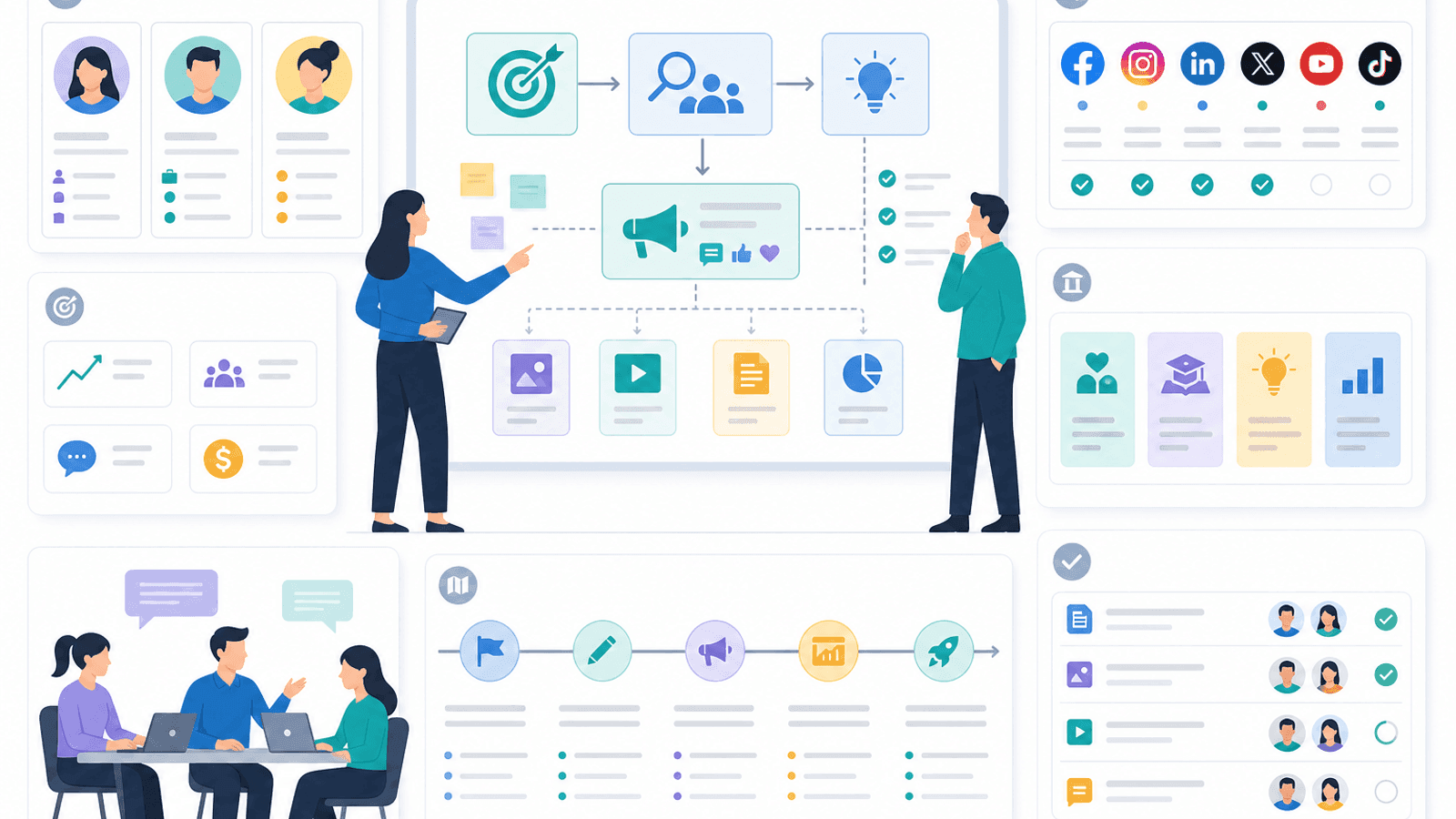 Illustration showing a social media strategy planning session with business goals, audience research, platform selection, content pillars and marketing workflow.