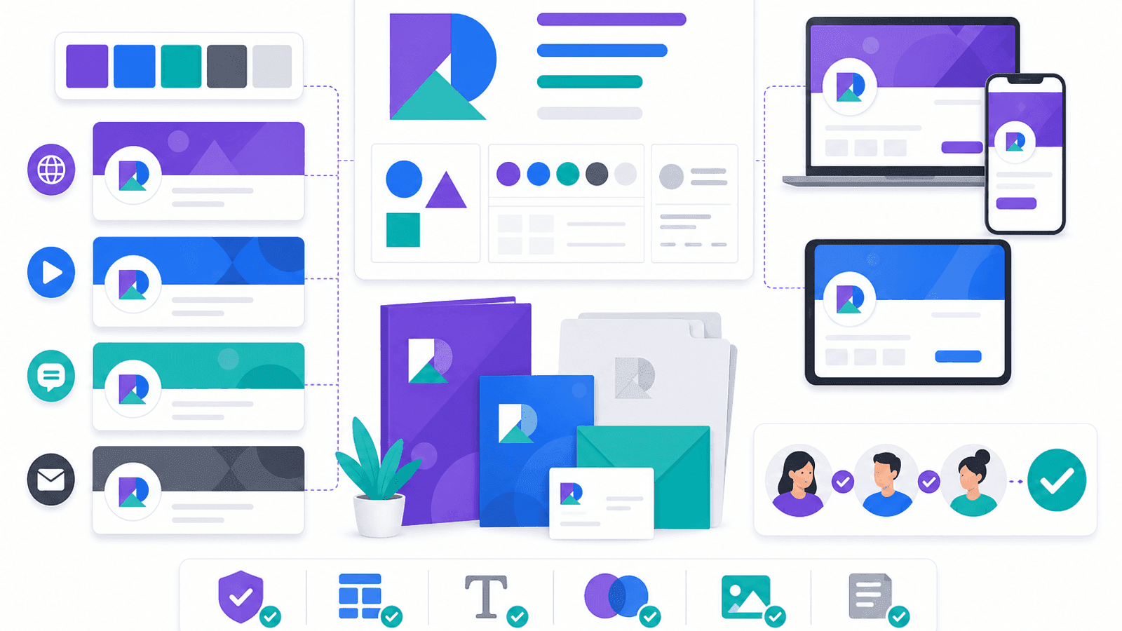 Illustration showing consistent social media branding with matching profile visuals, colours, messaging, design elements and brand identity across multiple platforms.