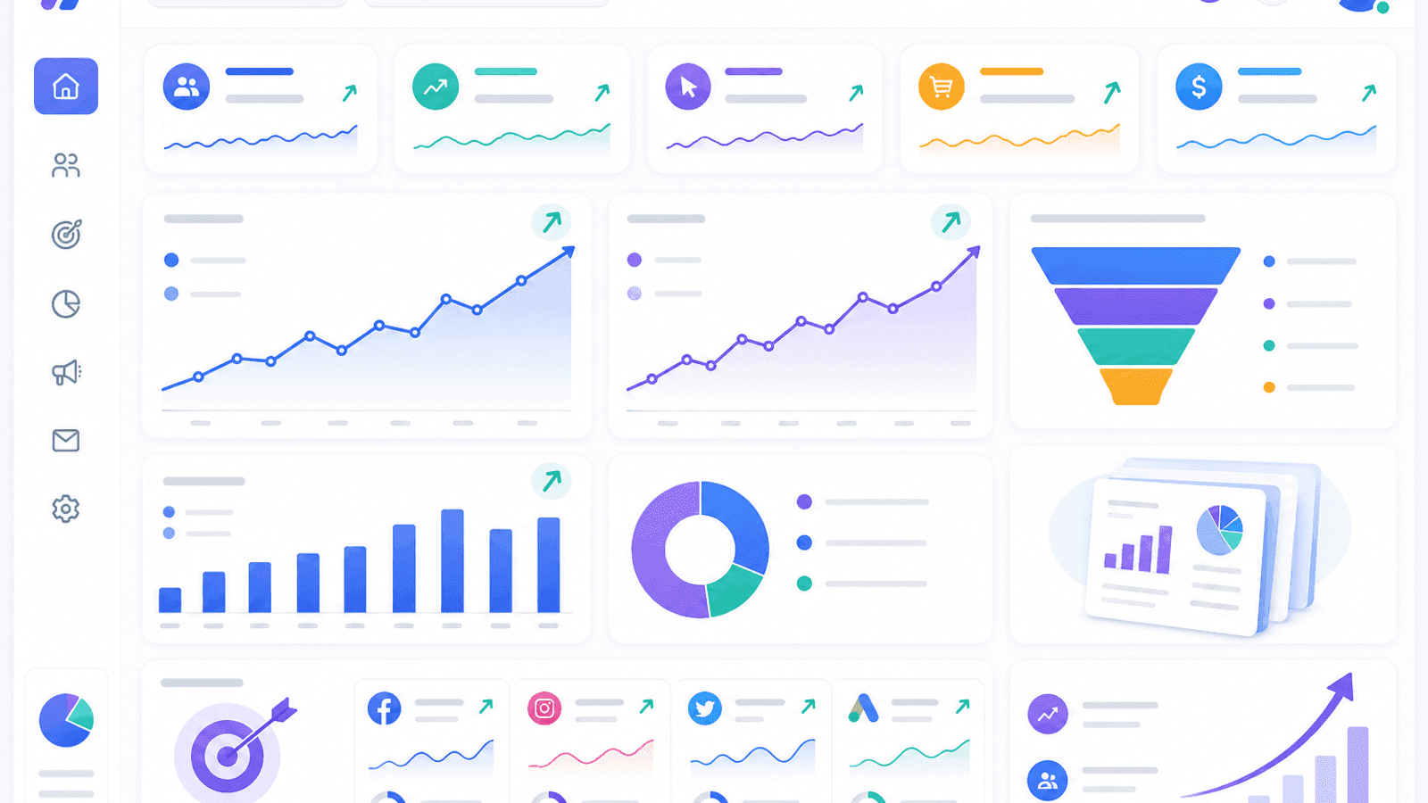 Business analytics dashboard displaying engagement improvements, audience growth, website traffic, conversions and social media marketing performance.