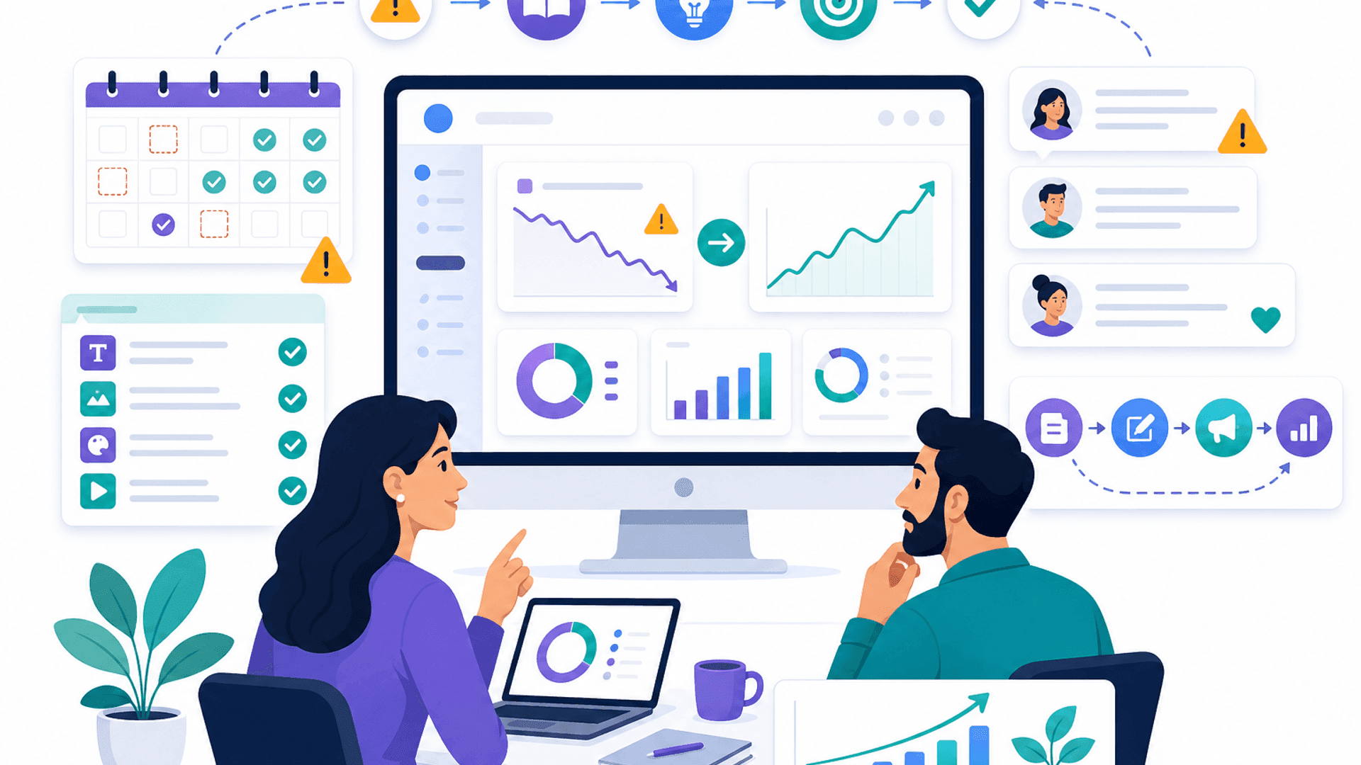 Illustration showing common social media marketing mistakes such as inconsistent posting, poor branding, weak engagement, missing analytics and ineffective content strategy.