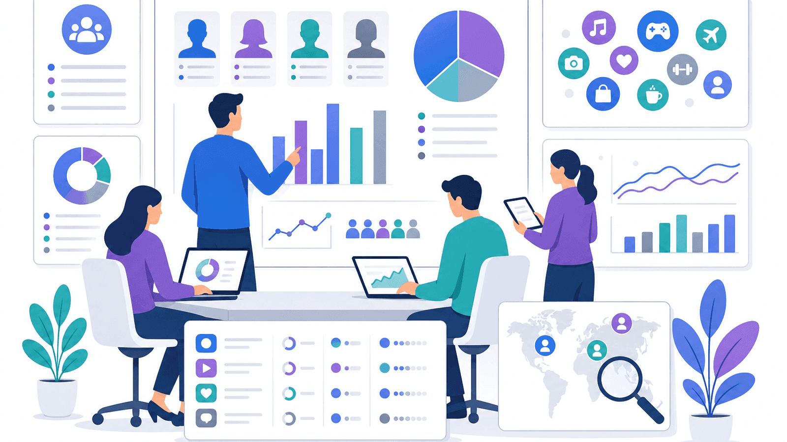 Illustration showing audience research for social media marketing with customer personas, demographics, interests, behaviour analysis and platform selection.