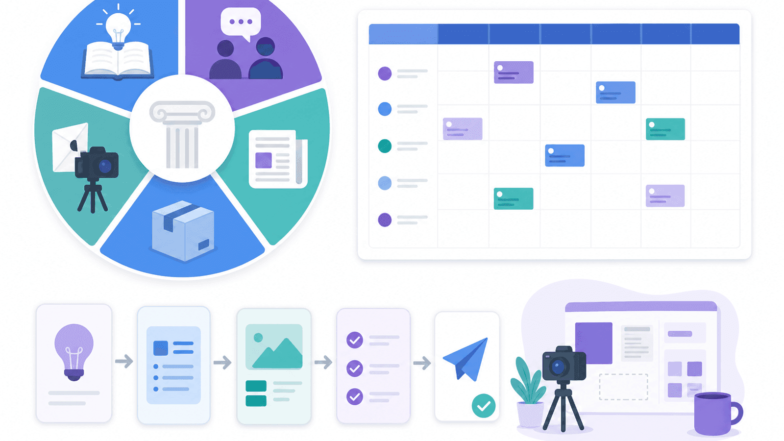 Illustration showing content pillars for a social media marketing strategy with educational content, promotional content, customer stories, industry news and planning workflow.