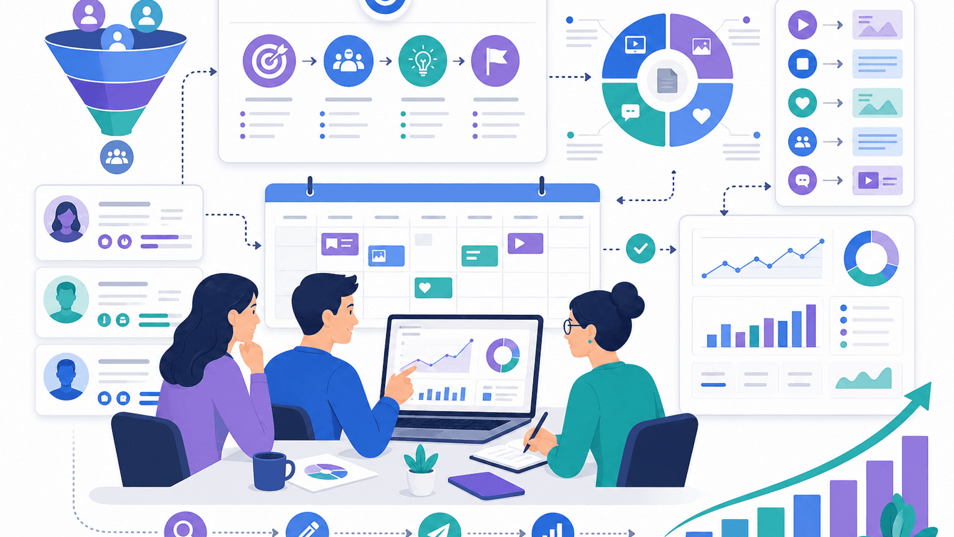 Illustration showing a business creating a social media marketing strategy with audience research, content pillars, platform selection, goal planning and performance analytics.