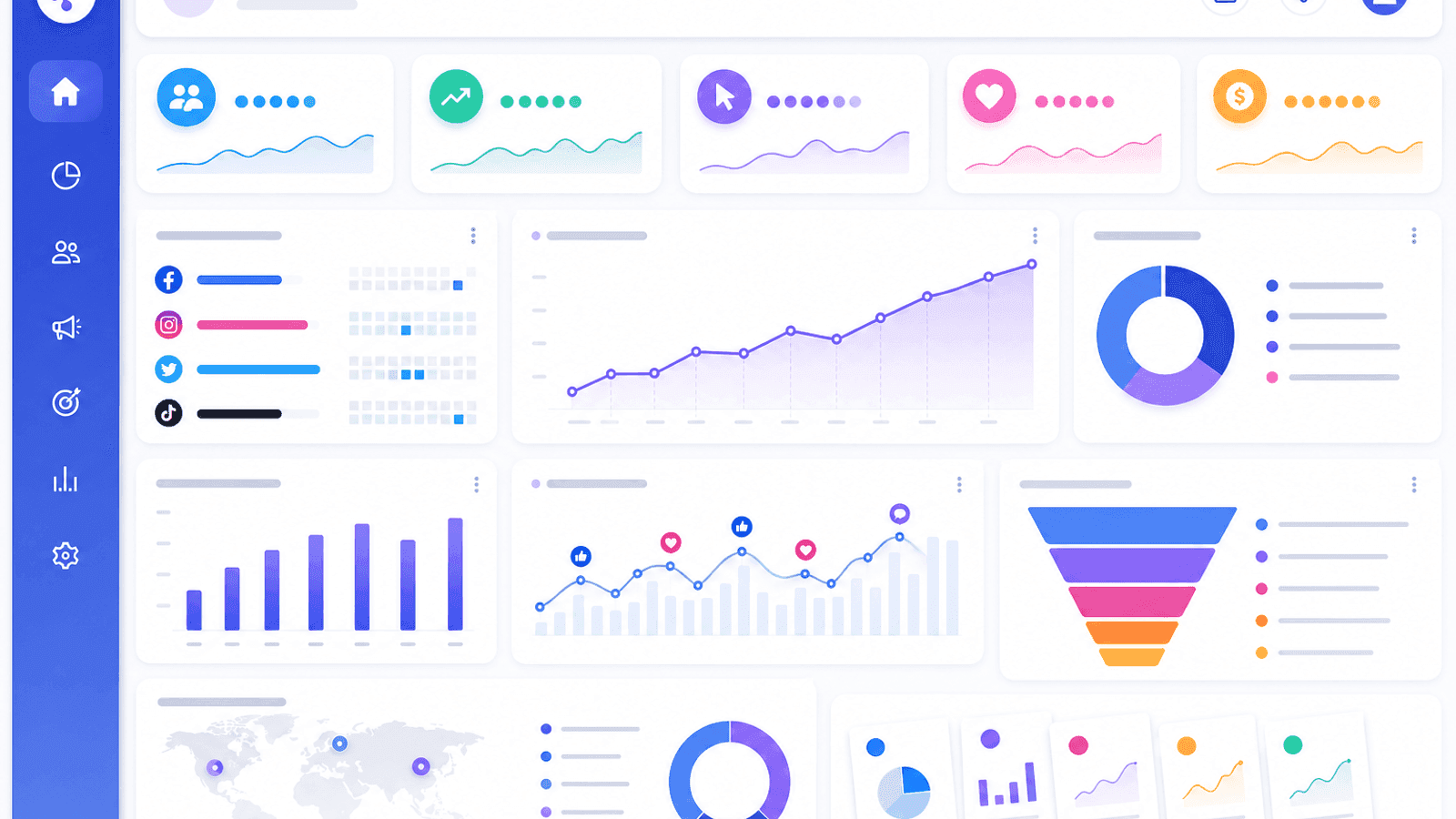 Business analytics dashboard displaying campaign goals, audience growth, engagement rate, website traffic, conversions and overall social media strategy performance.