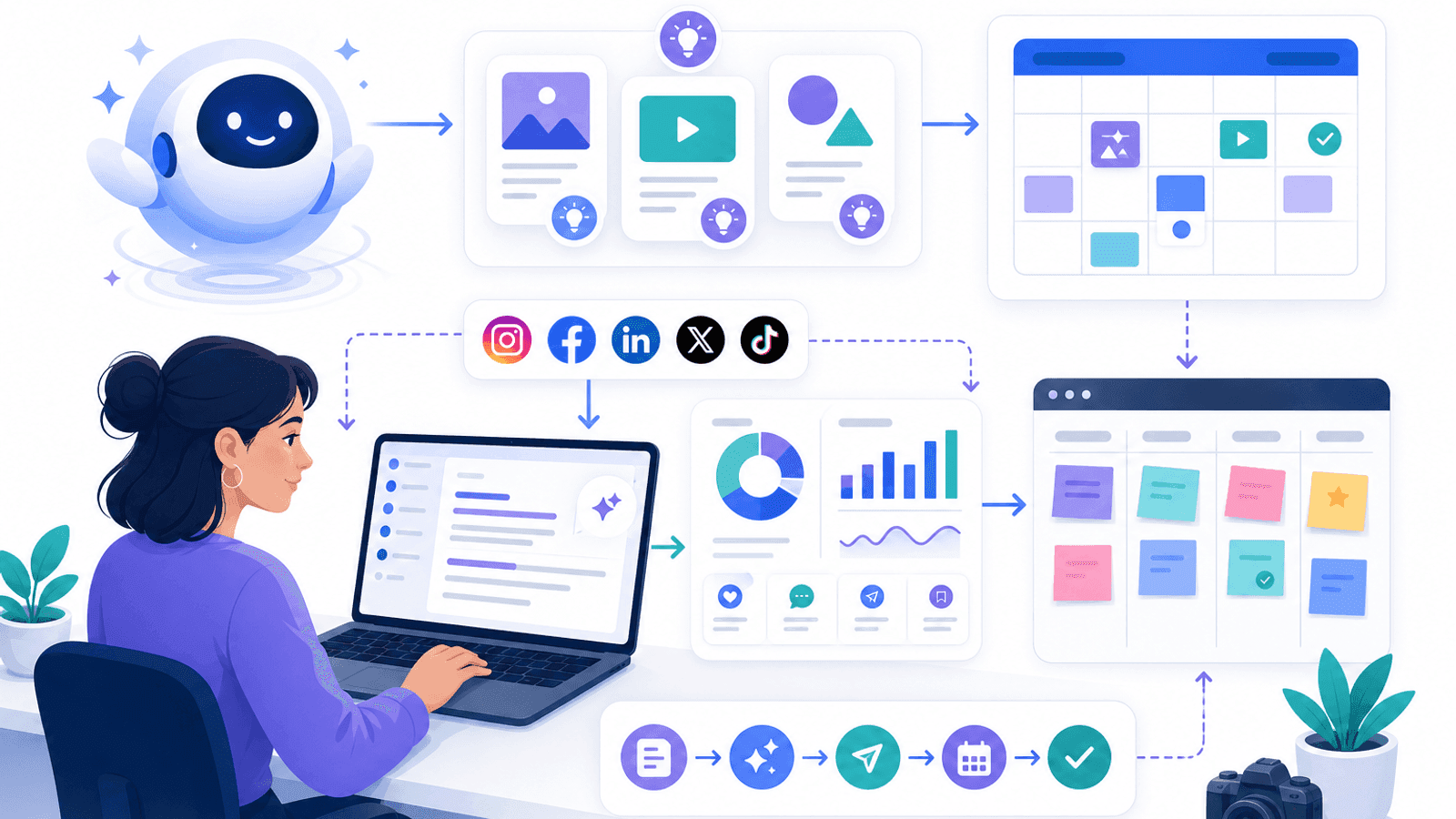 Illustration showing AI-assisted social media content creation with brainstorming, content planning, scheduling, analytics and creative workflow.