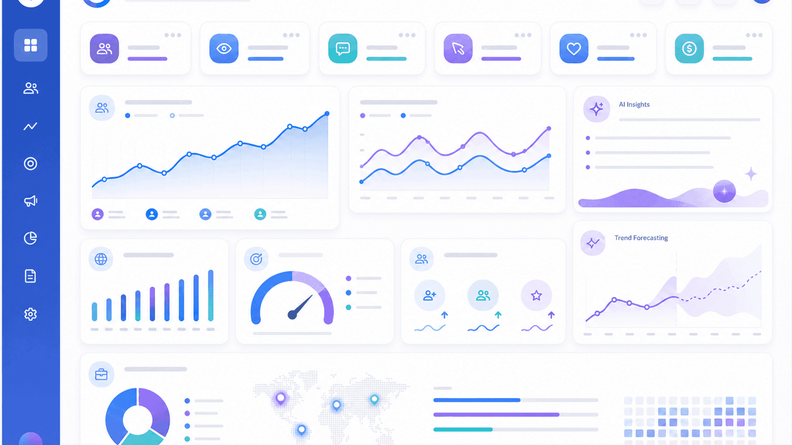 Business analytics dashboard displaying AI insights, audience growth, engagement trends, website traffic, campaign ROI and future social media performance.